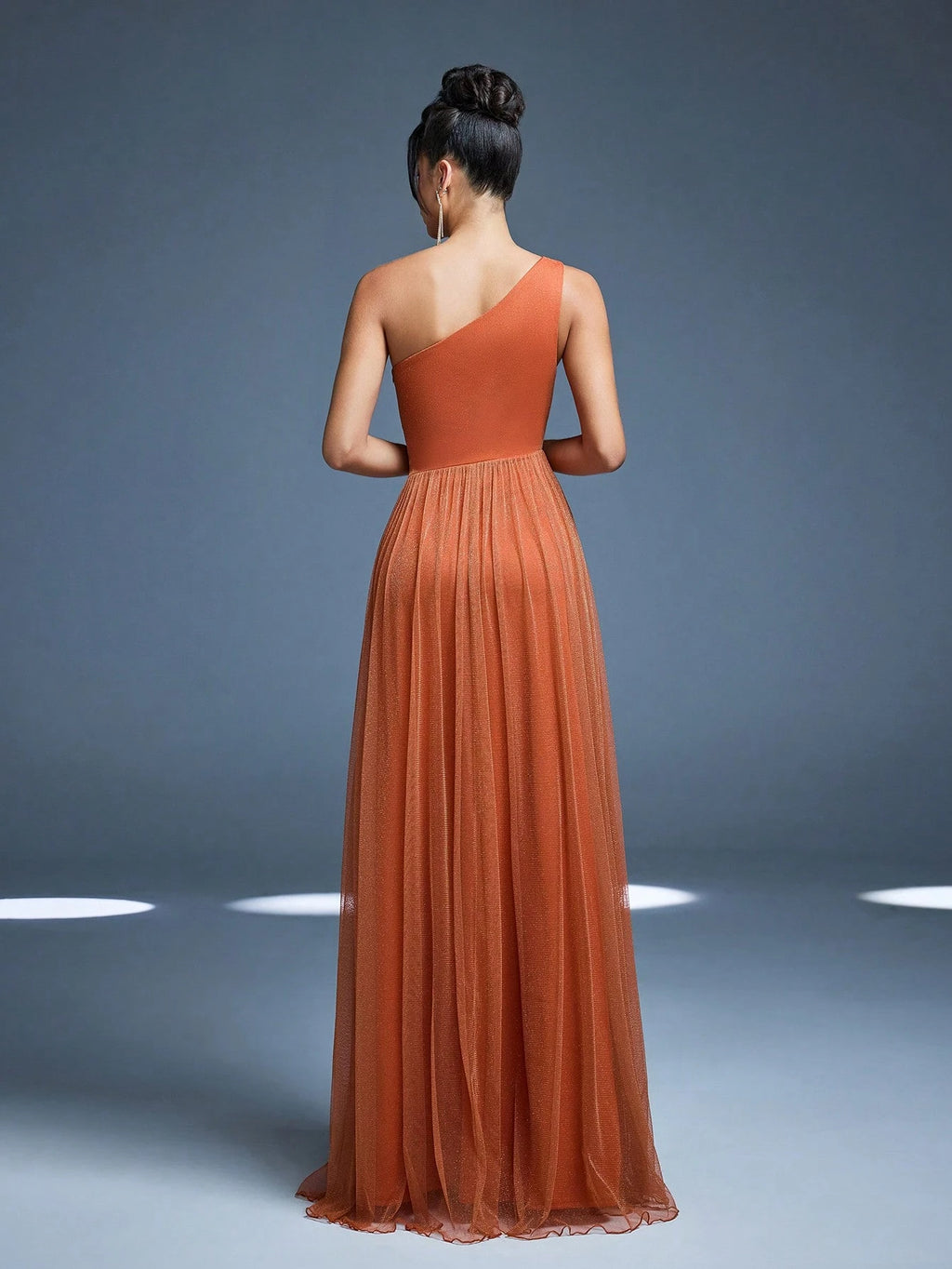 Elegant Dusty Rose One Shoulder Cutout Waist Glitter Tulle Maxi Dress, High Slit Pleated A Line Formal - image 3