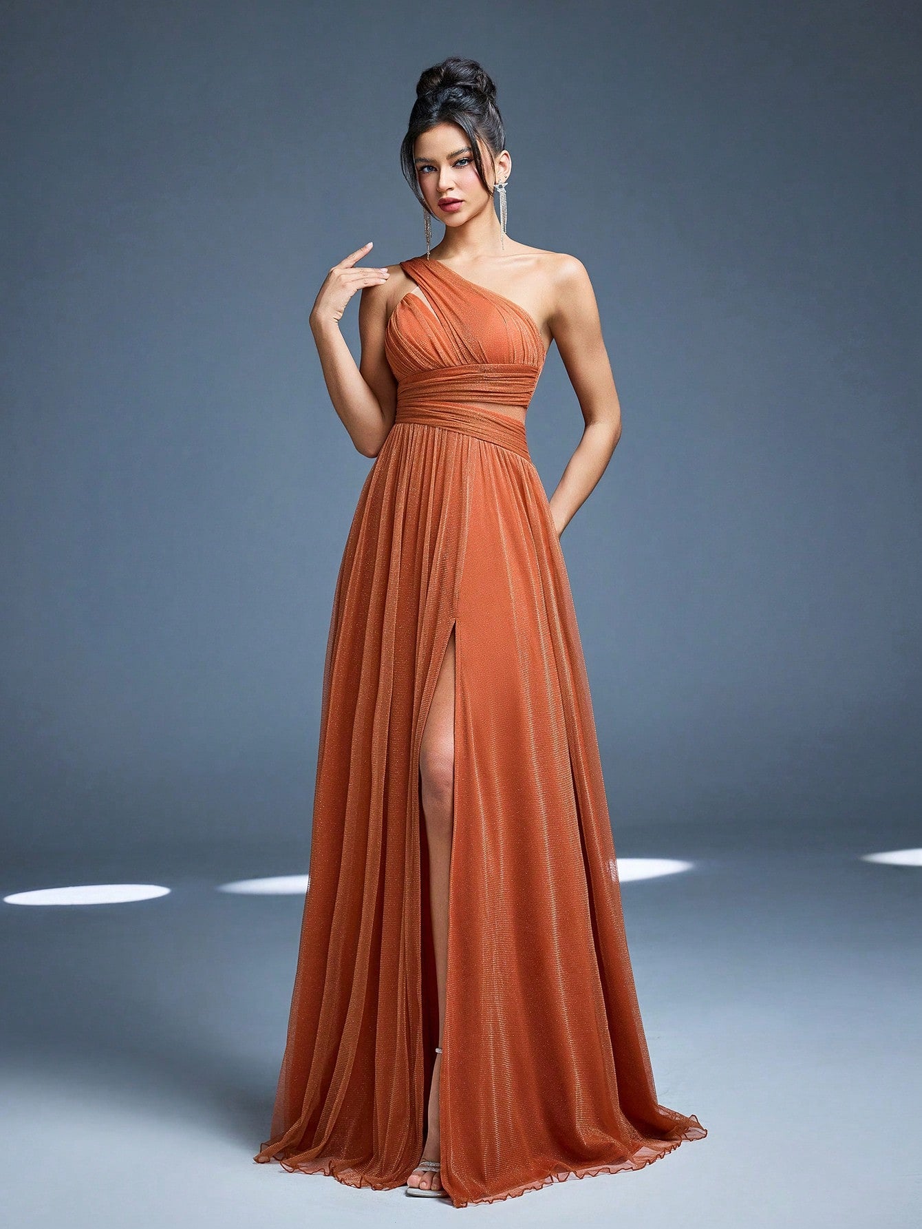 Elegant Dusty Rose One Shoulder Cutout Waist Glitter Tulle Maxi Dress, High Slit Pleated A Line Formal - image 2