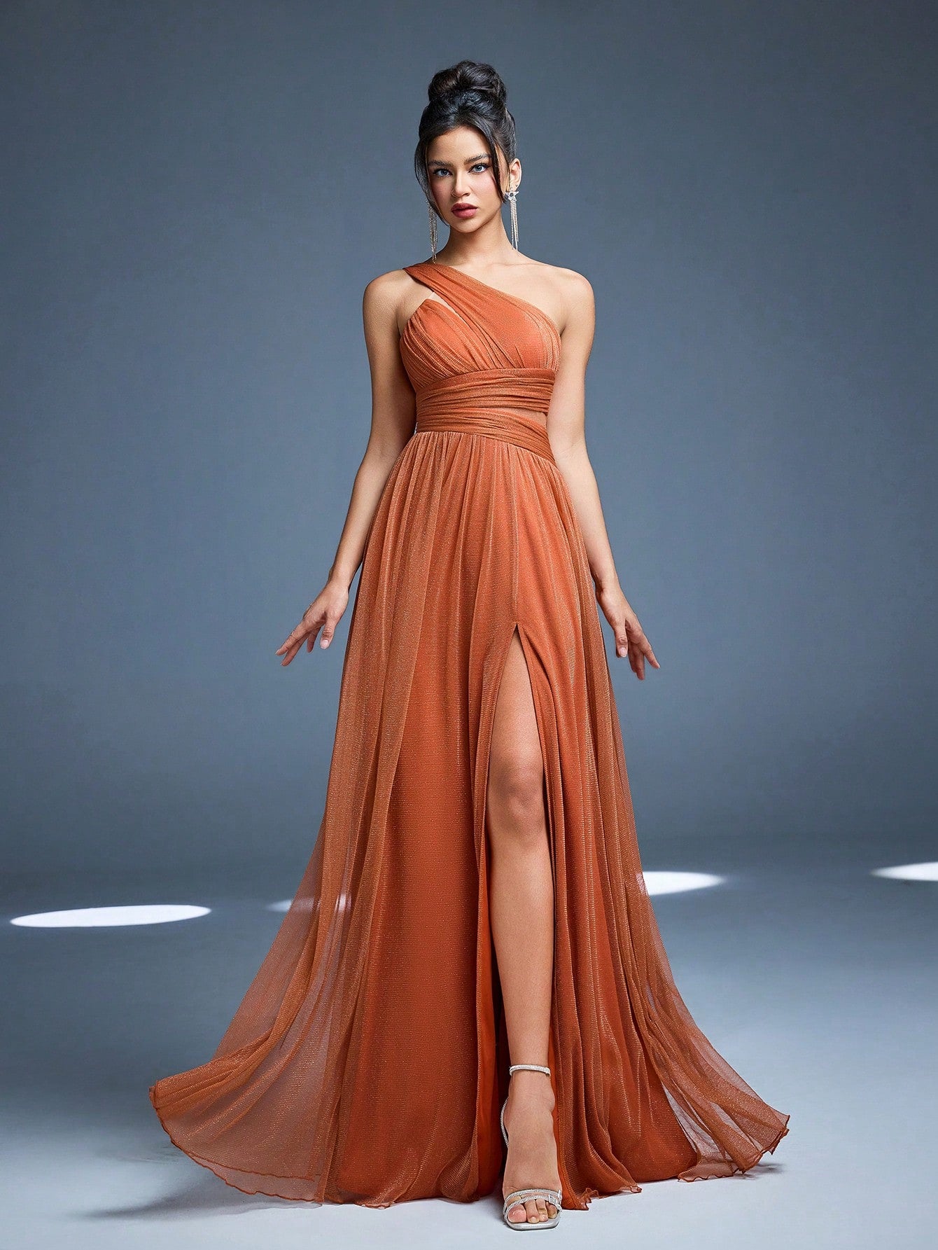 Elegant Dusty Rose One Shoulder Cutout Waist Glitter Tulle Maxi Dress, High Slit Pleated A Line Formal - image 5
