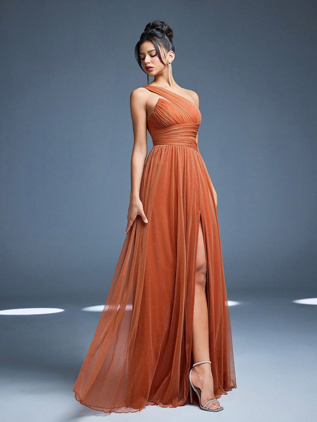 Elegant Dusty Rose One Shoulder Cutout Waist Glitter Tulle Maxi Dress, High Slit Pleated A Line Formal