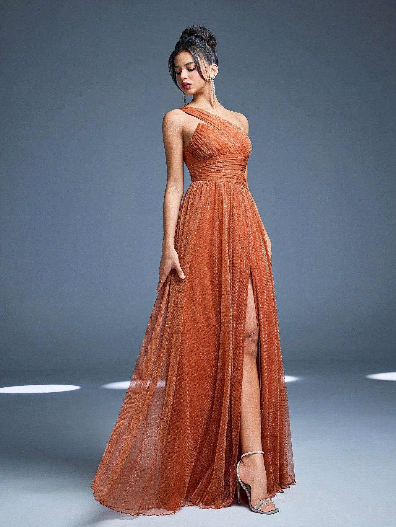 Elegant Dusty Rose One Shoulder Cutout Waist Glitter Tulle Maxi Dress, High Slit Pleated A Line Formal