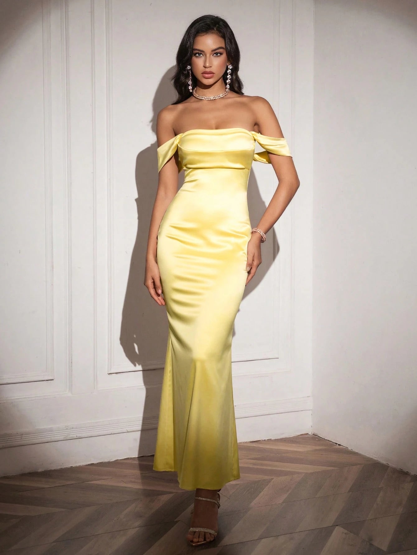 PARTHEA Open Shoulder Ruched Satin Elegant Bridesmaid Dress Wedding