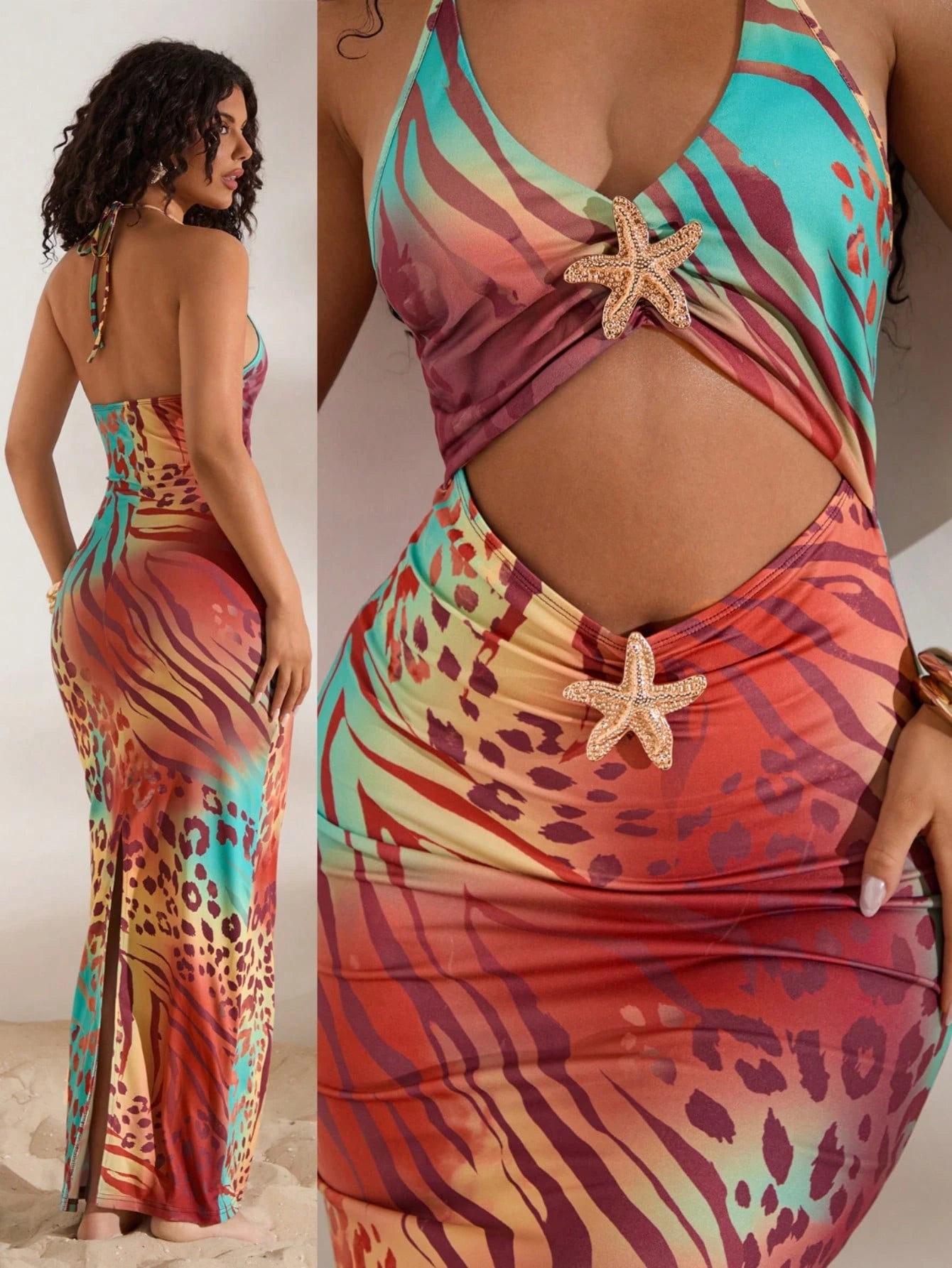 Opulessa V-Neck Halter Metal Decor Waist Cutout Back Slit Bodycon