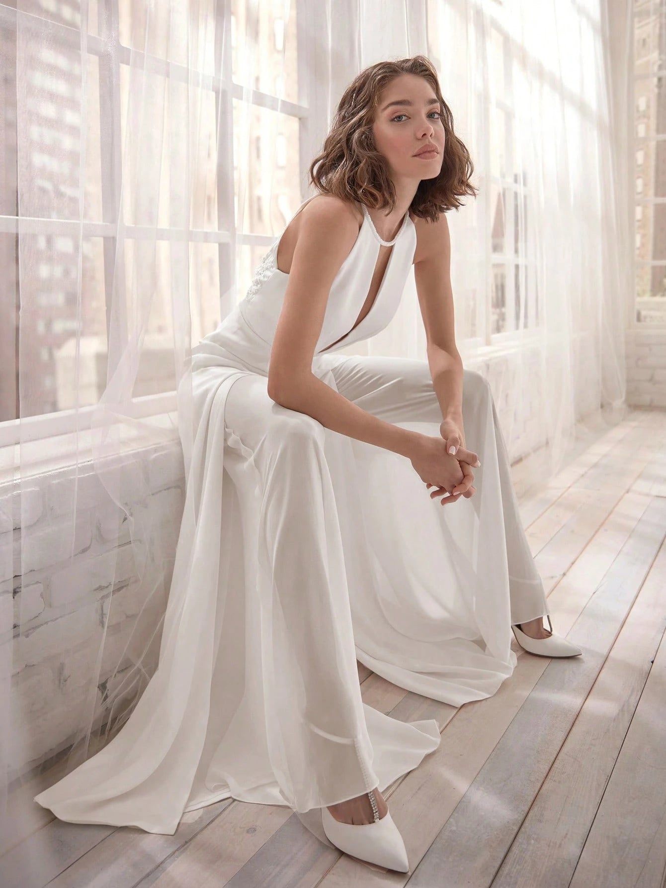 Elegant Sexy Embroidered Applique Open Back Halter Jumpsuit For Wedding, Valentine's Day Spring White - image 3