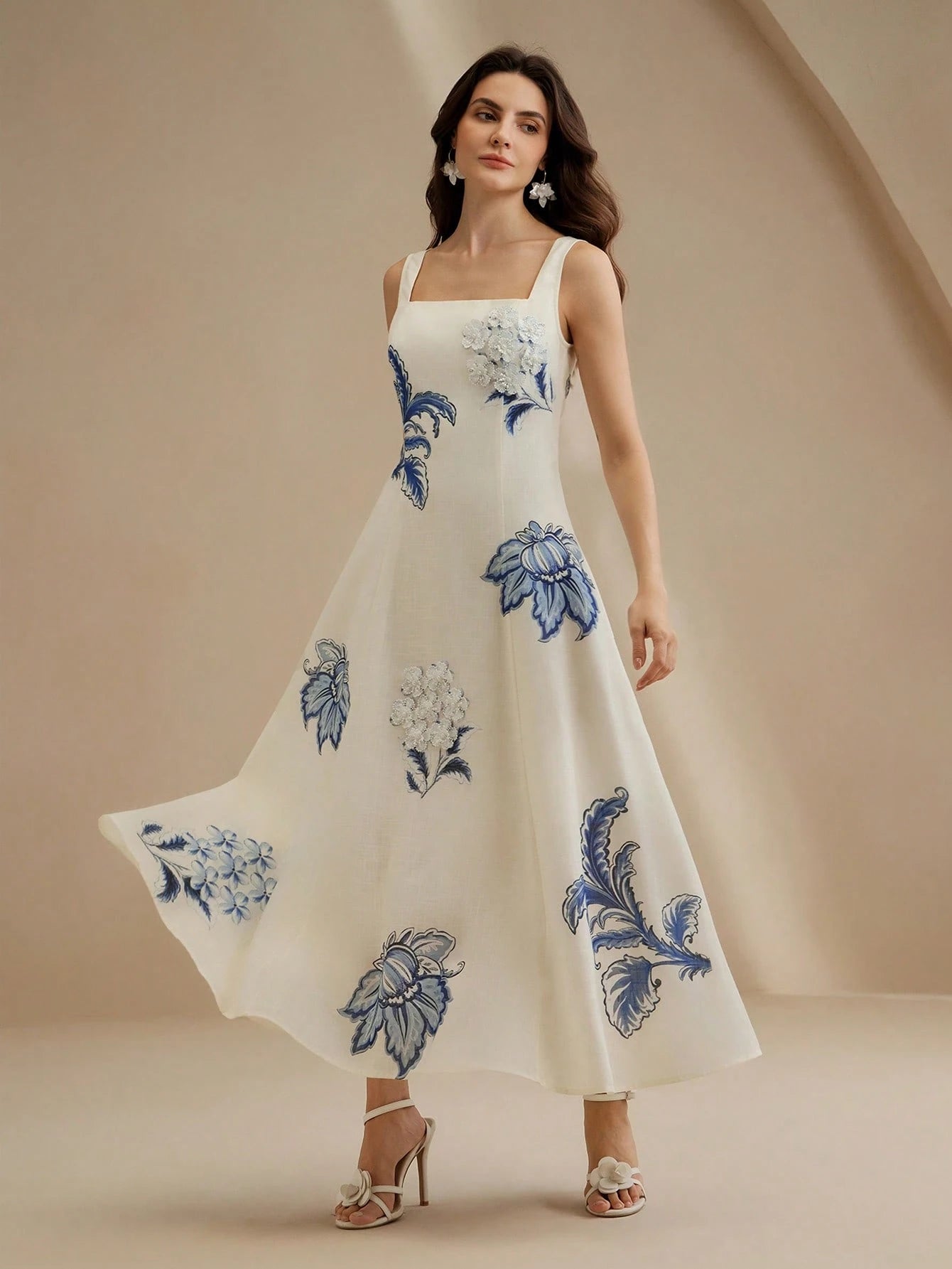 Anewsta Elegant Floral Print Slip Dress With Embroidered 3D Flowers,