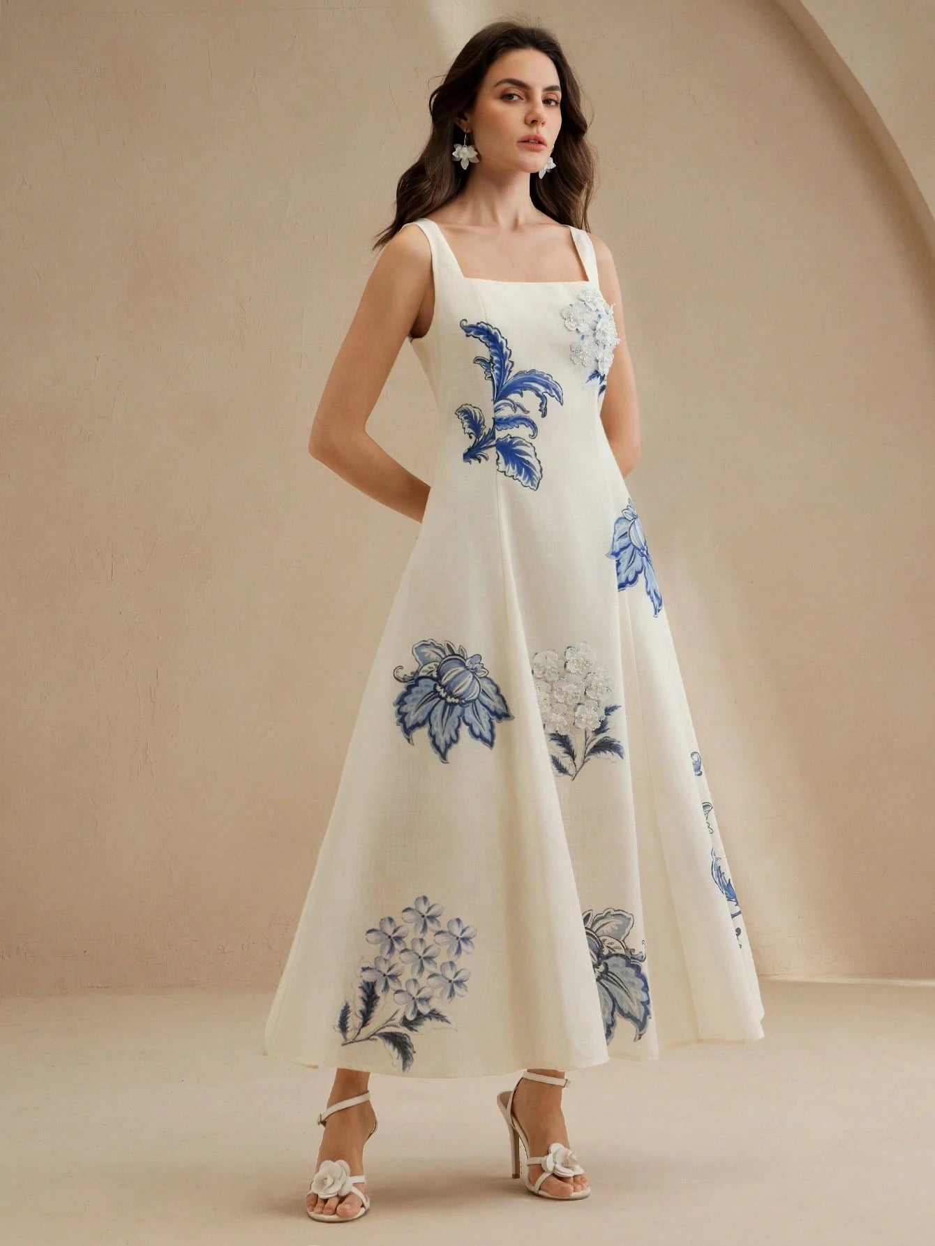 Anewsta Elegant Floral Print Slip Dress With Embroidered 3D Flowers,
