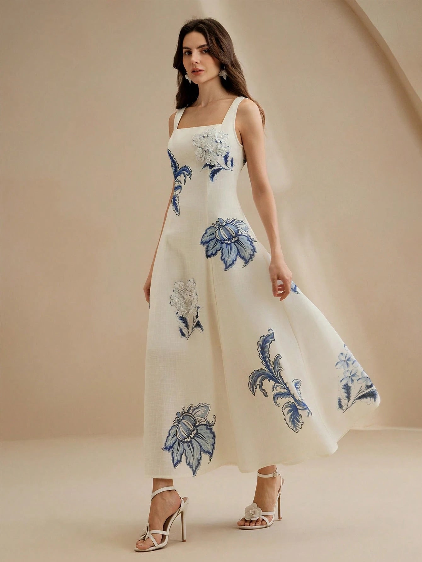 Anewsta Elegant Floral Print Slip Dress With Embroidered 3D Flowers,