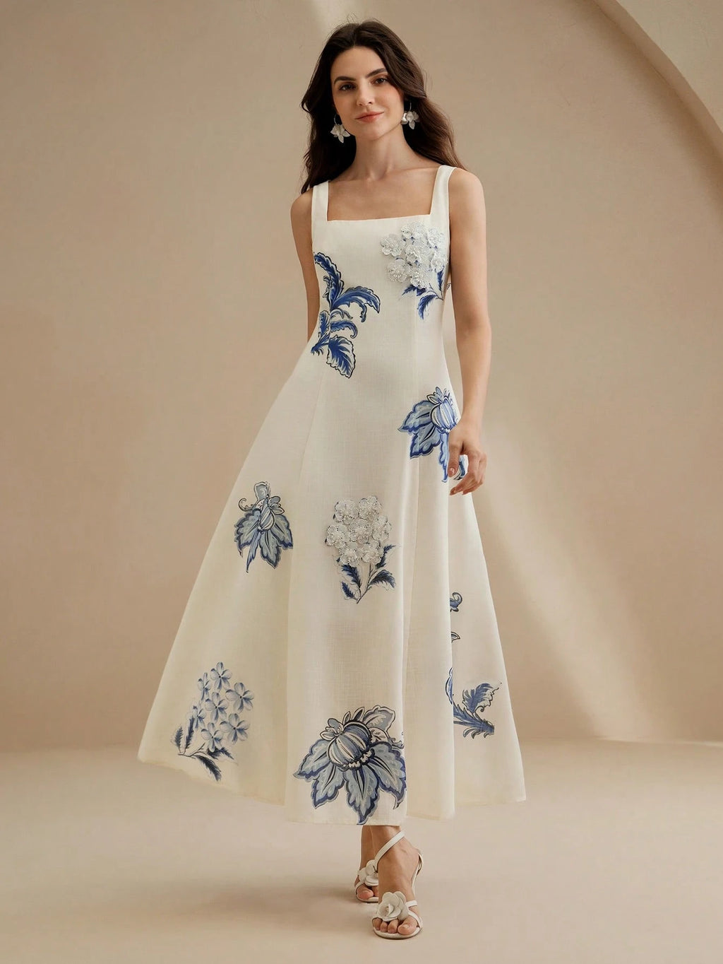 Anewsta Elegant Floral Print Slip Dress With Embroidered 3D Flowers,