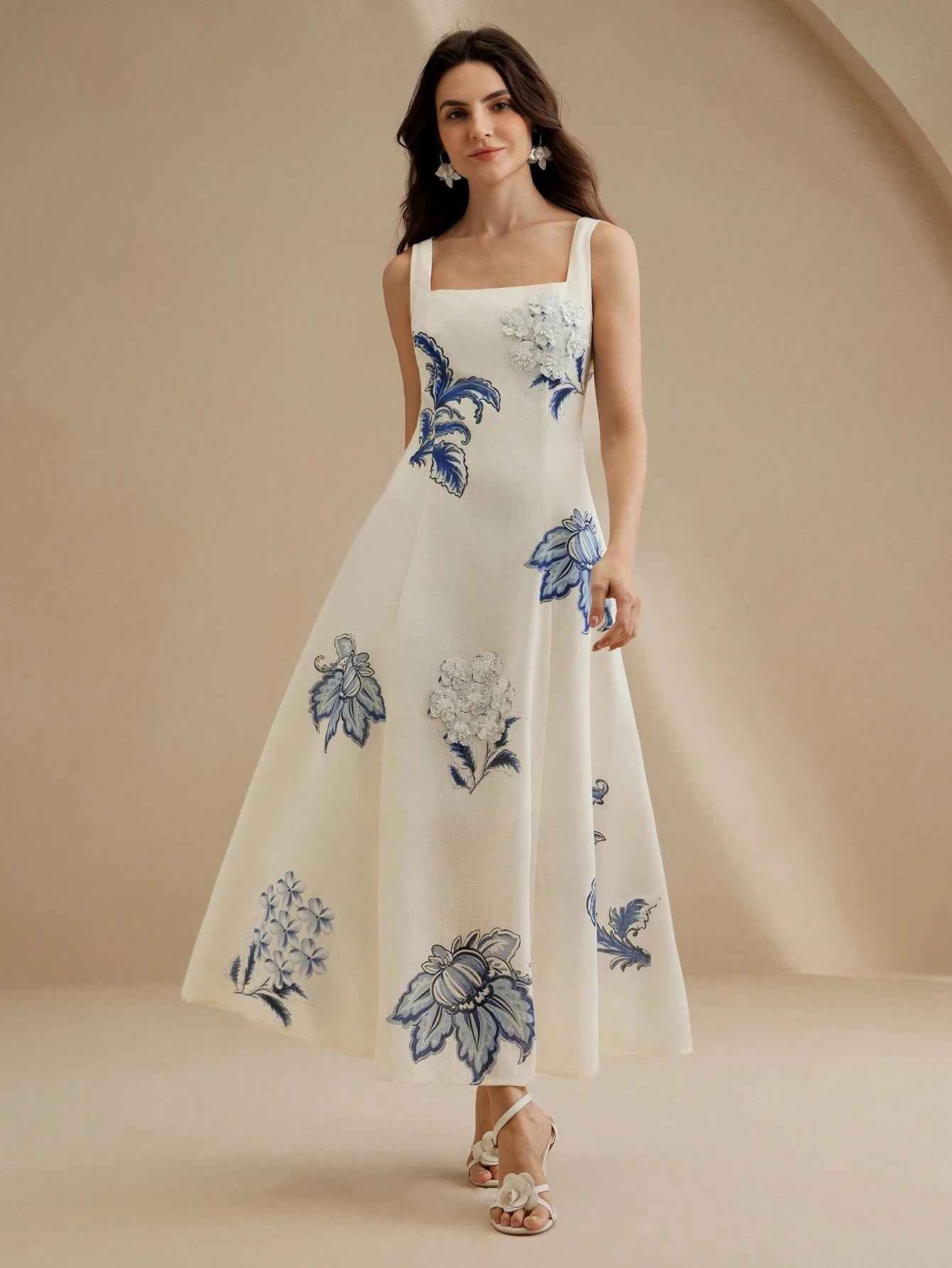 Anewsta Elegant Floral Print Slip Dress With Embroidered 3D Flowers,