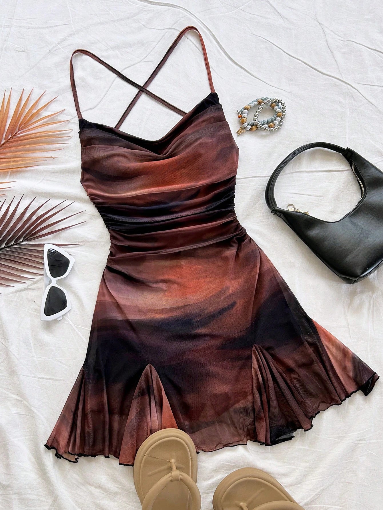 Soleia Women's Burnt Orange Spaghetti Strap Mini Dress,Summer 70s