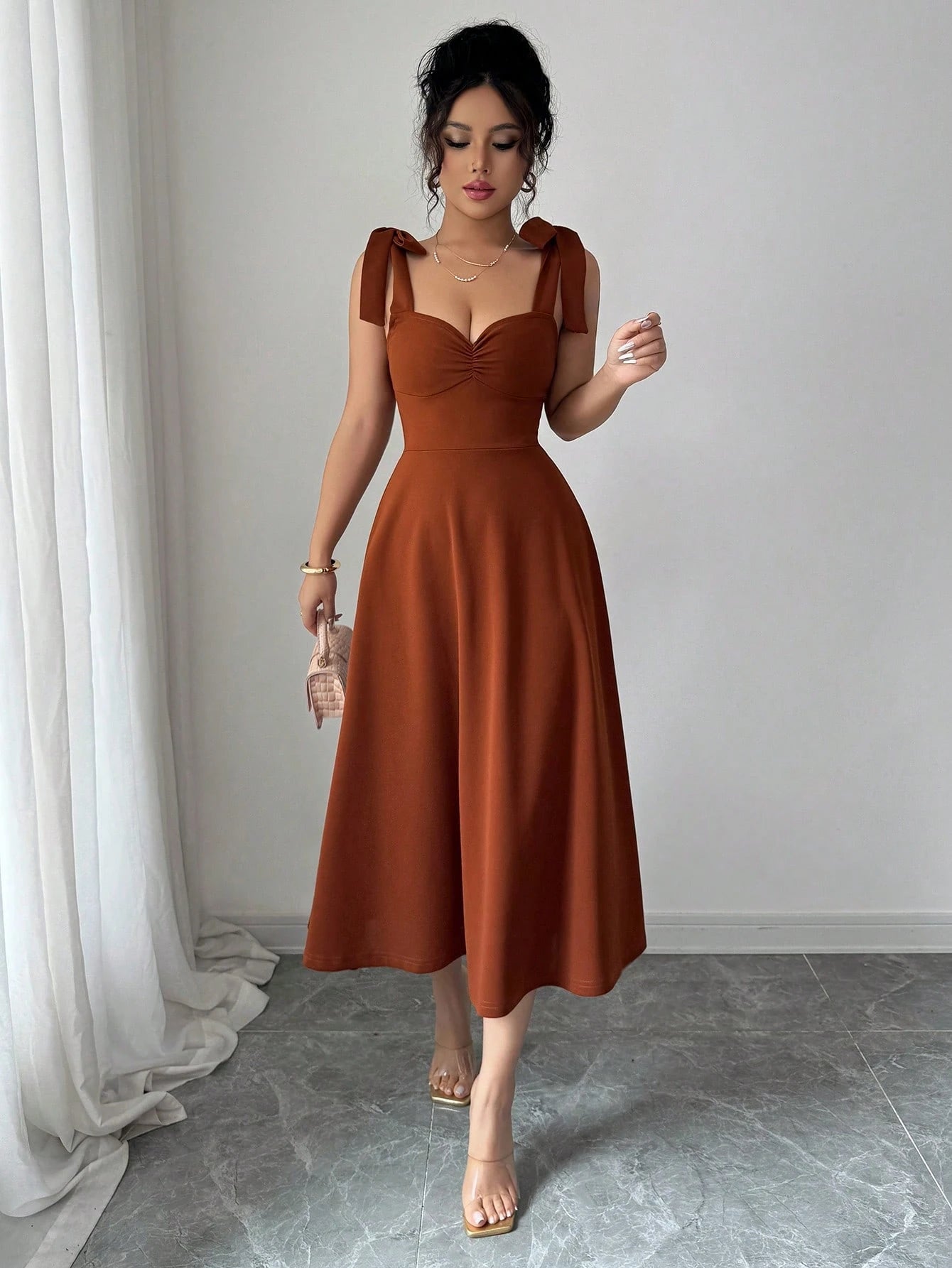 Elenzga Sleeveless Tie-Up Cinched Waist A-Line Elegant Romantic Women Dress - image 7