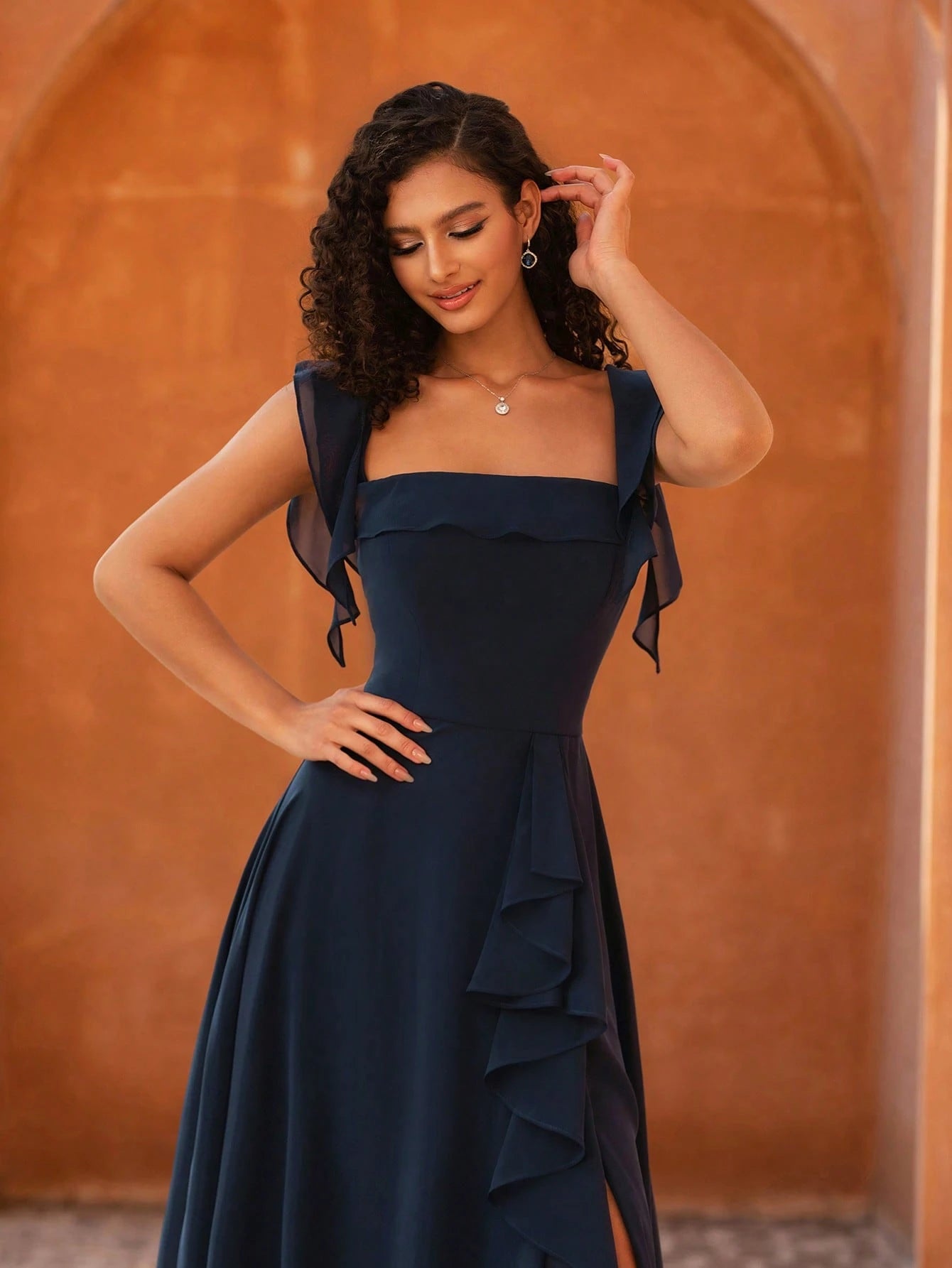 MOEVIO Women's Elegant Open Shoulder Ruffle Sleeve A-Line Thigh-High Slit Bridesmaid Wedding Guest Formal - image 8