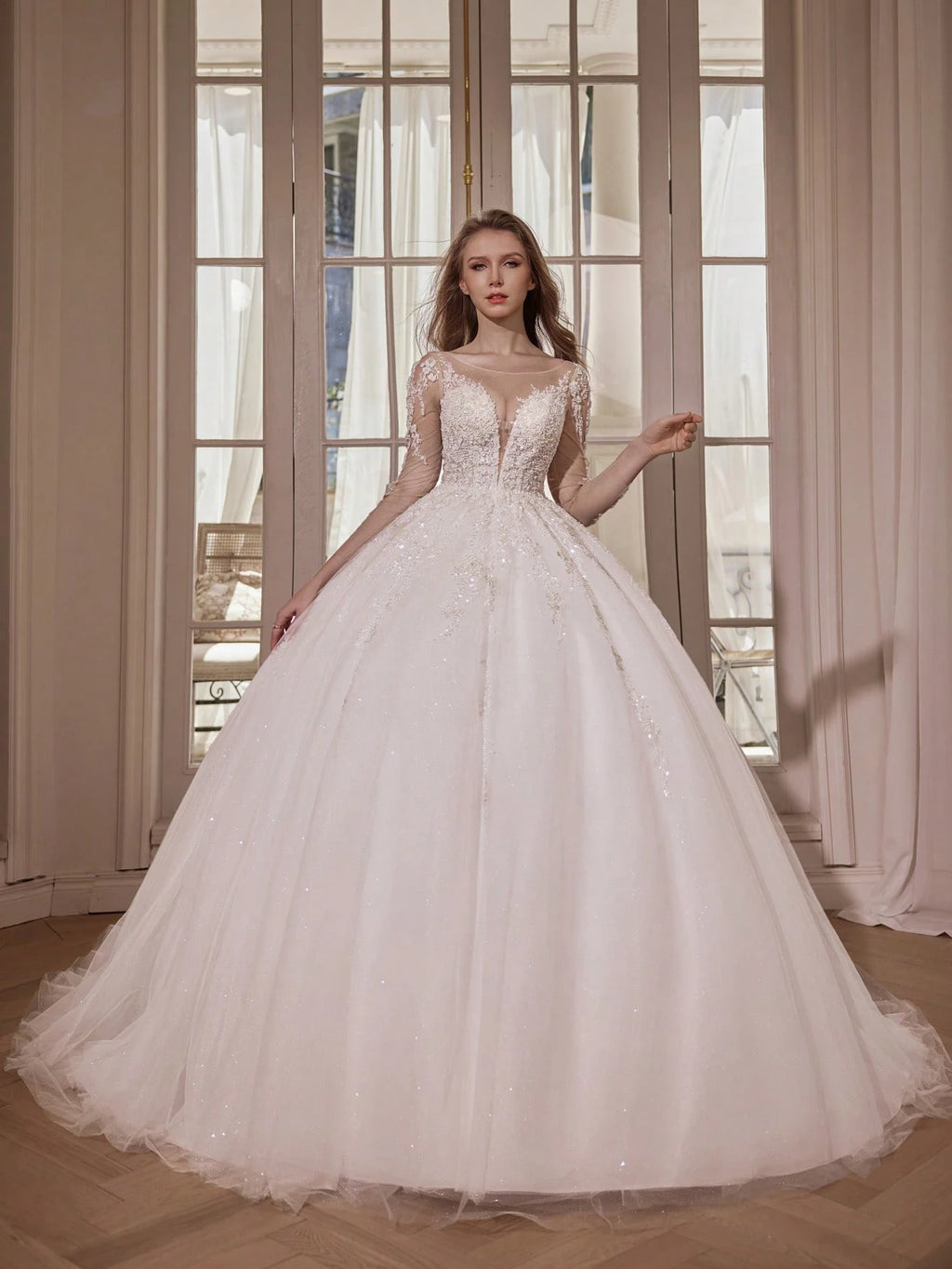 Elegant Long Formal Gown, Bridal Wedding Dress, Long Sleeve Round Neck Mesh Fabric With Applique And