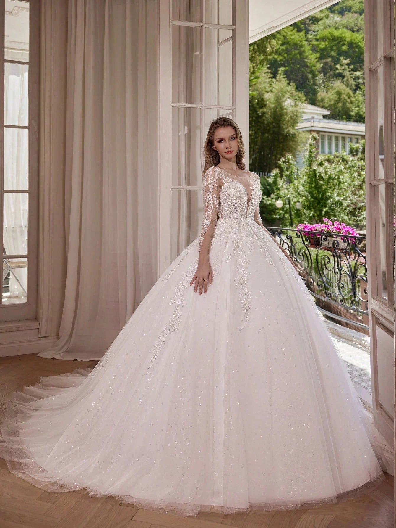 Elegant Long Formal Gown, Bridal Wedding Dress, Long Sleeve Round Neck Mesh Fabric With Applique And - image 3