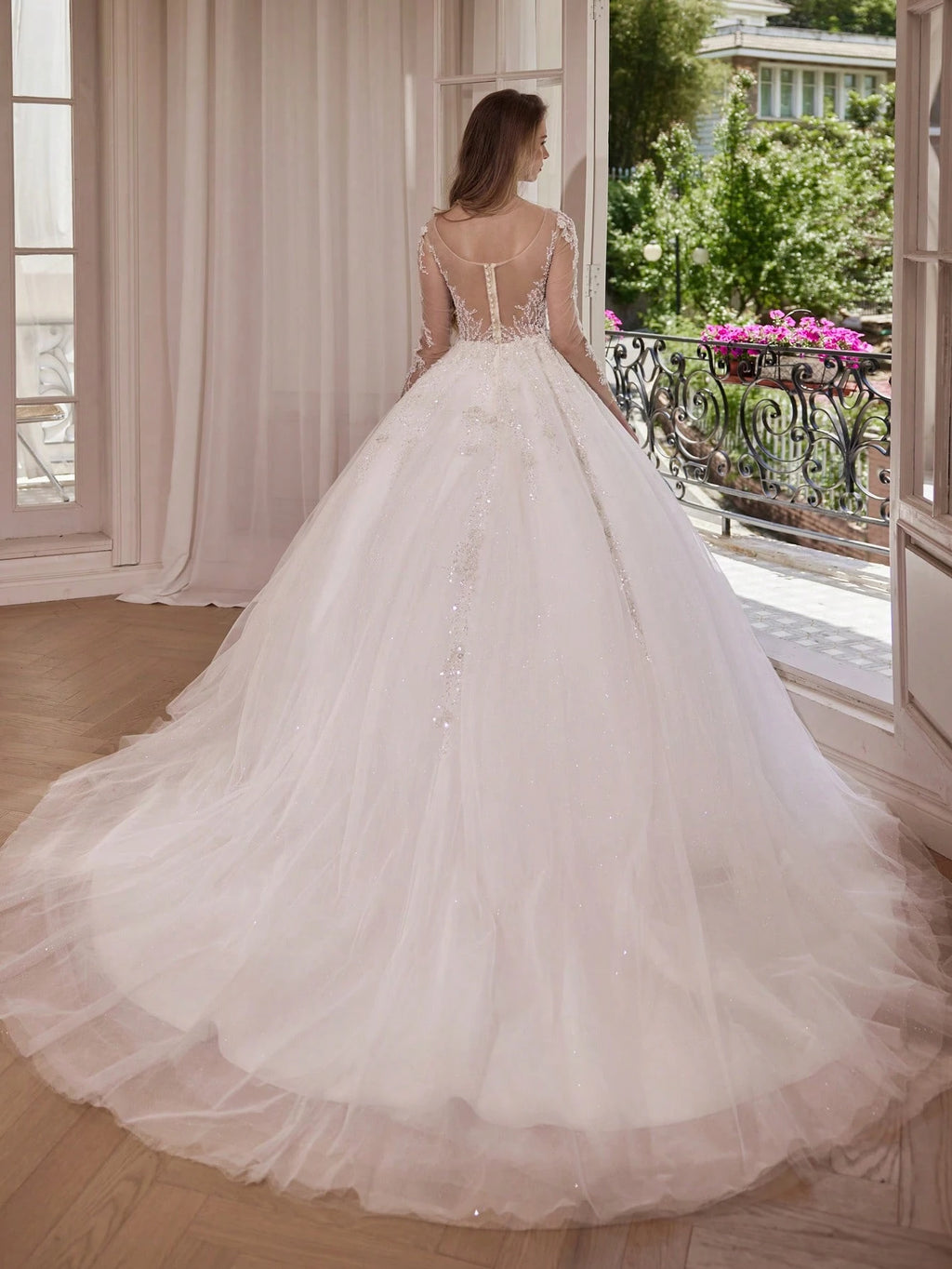 Elegant Long Formal Gown, Bridal Wedding Dress, Long Sleeve Round Neck Mesh Fabric With Applique And - image 5