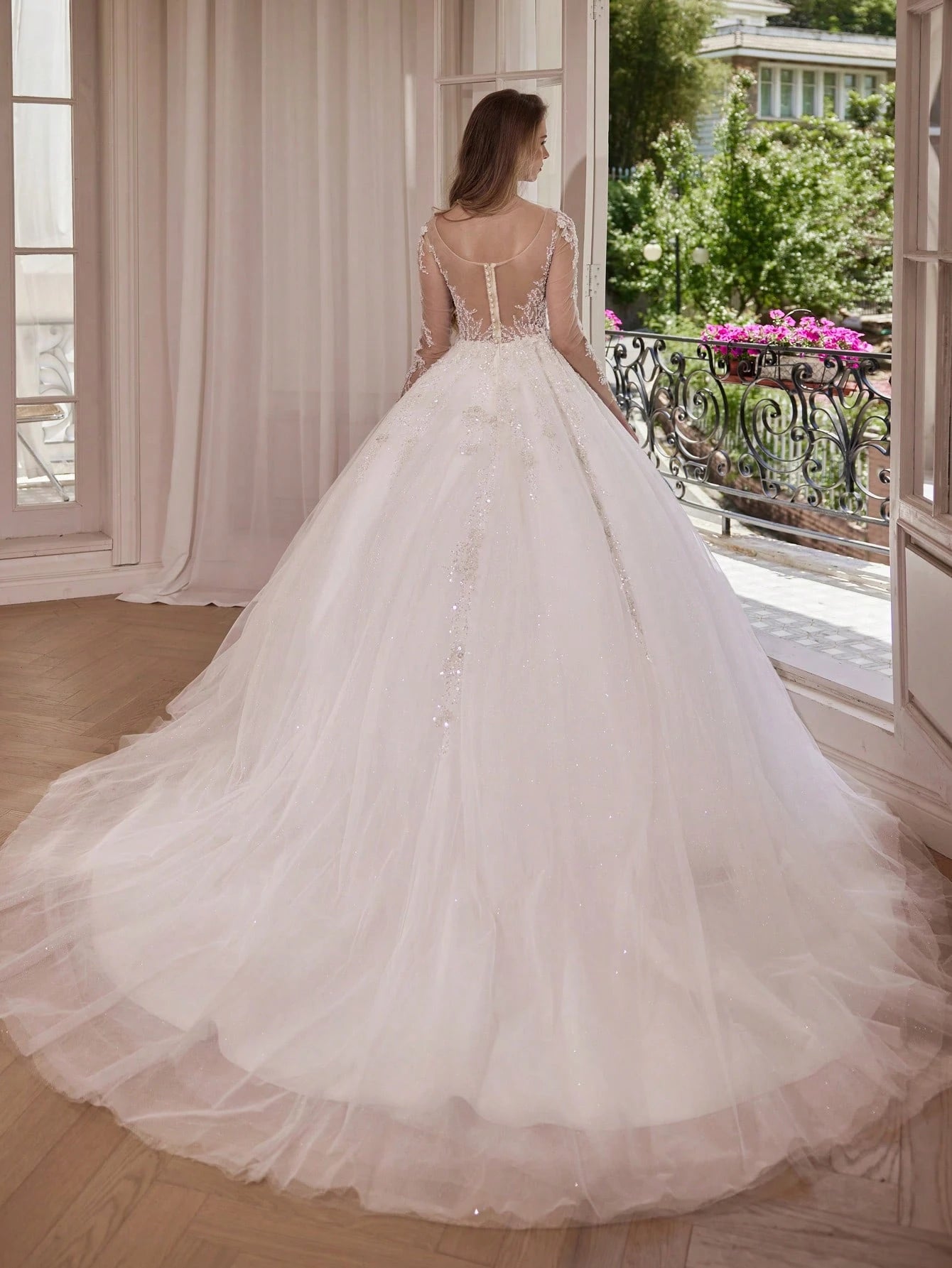 Elegant Long Formal Gown, Bridal Wedding Dress, Long Sleeve Round Neck Mesh Fabric With Applique And - image 5