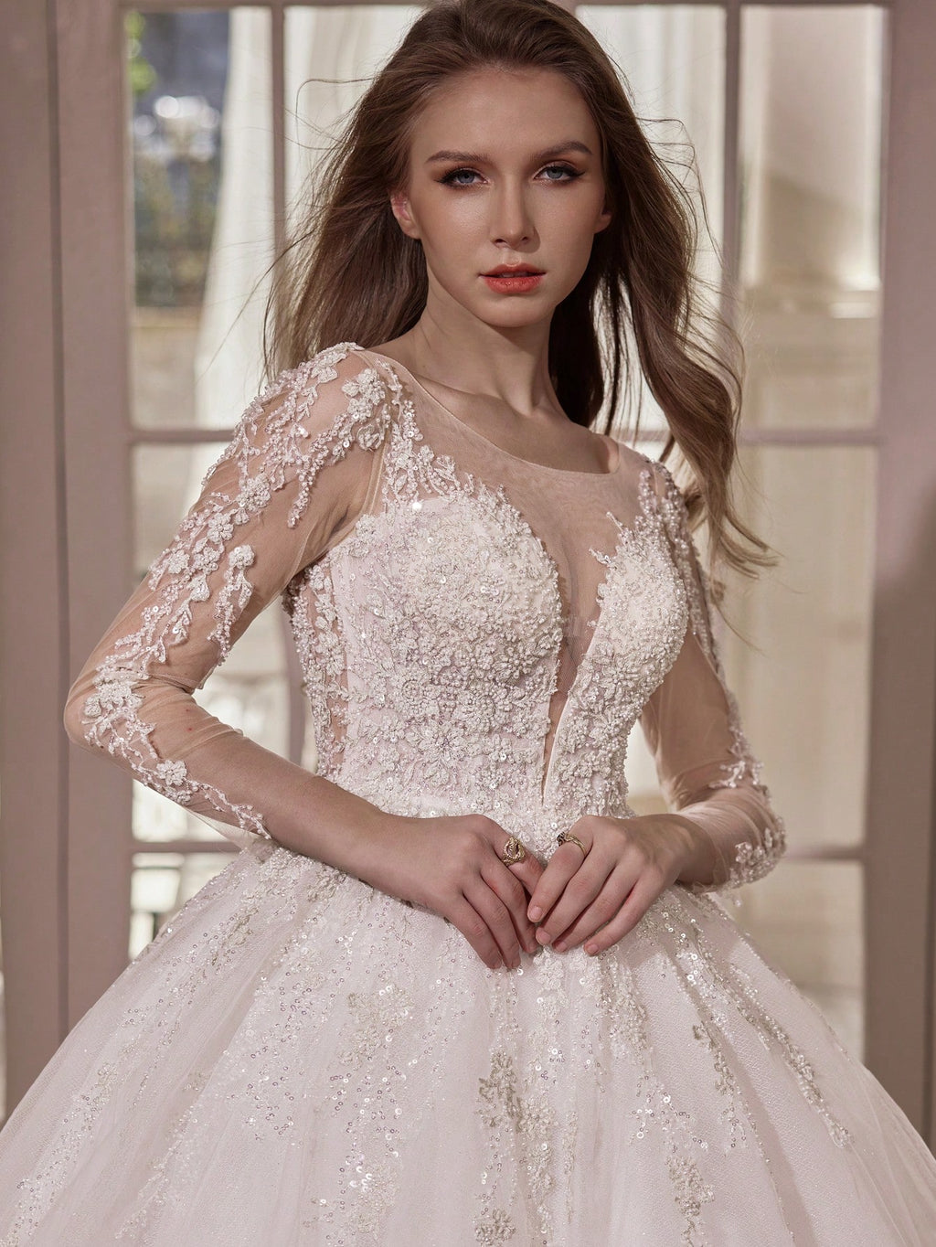 Elegant Long Formal Gown, Bridal Wedding Dress, Long Sleeve Round Neck Mesh Fabric With Applique And - image 4