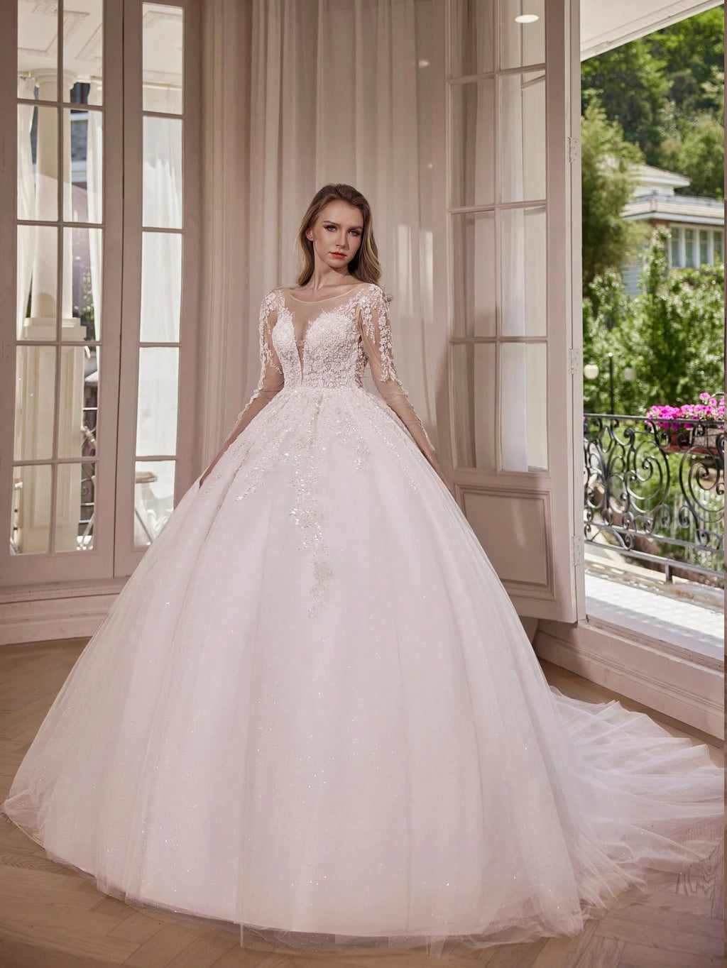 Elegant Long Formal Gown, Bridal Wedding Dress, Long Sleeve Round Neck Mesh Fabric With Applique And - image 2