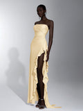 Elitara Elegant, Romantic, Sexy Knit Satin Strapless Ruched Bodycon Dress With Ruffle Trim And High Slit,