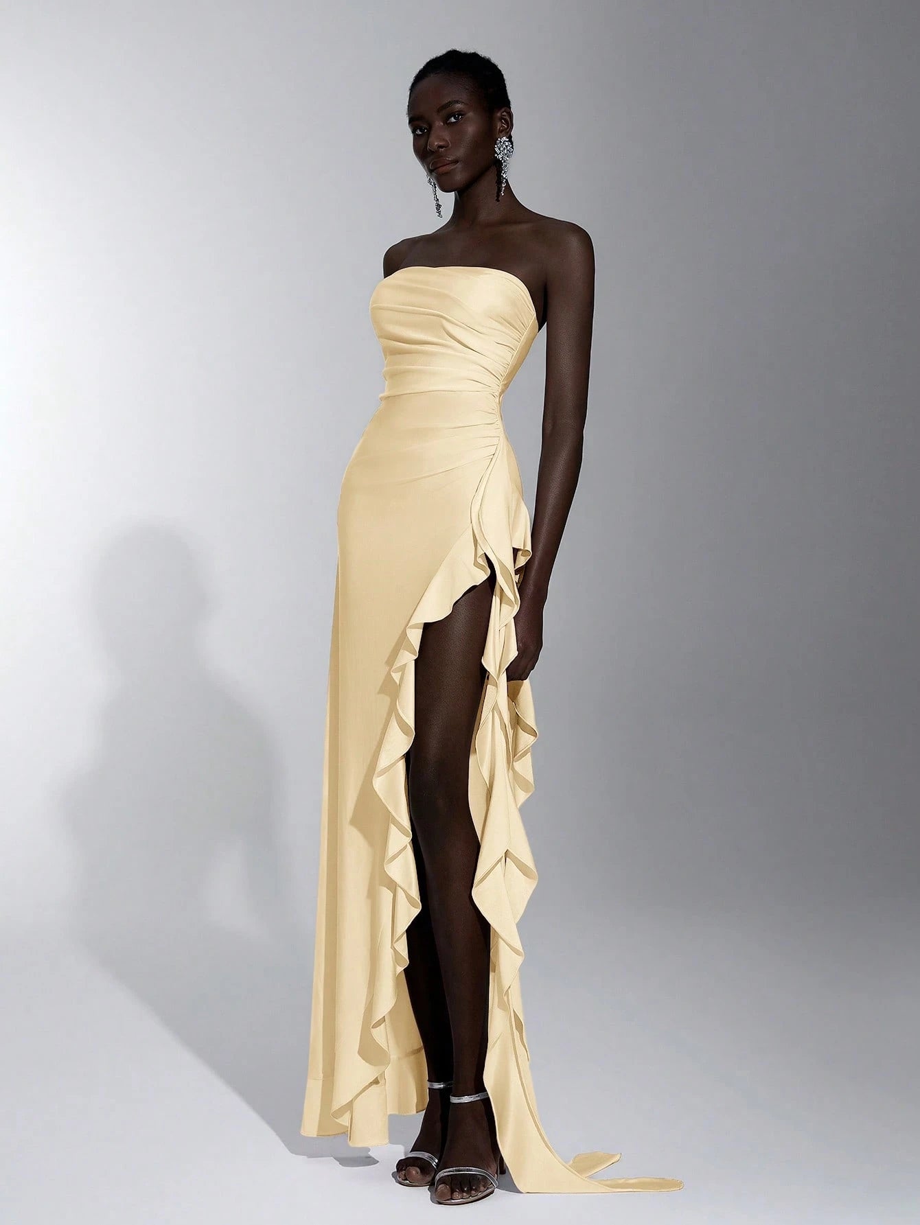 Elitara Elegant, Romantic, Sexy Knit Satin Strapless Ruched Bodycon Dress With Ruffle Trim And High Slit,