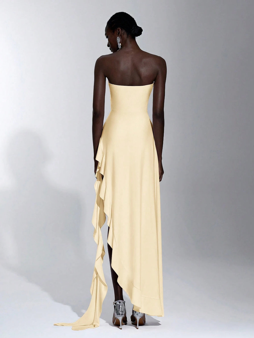 Elitara Elegant, Romantic, Sexy Knit Satin Strapless Ruched Bodycon Dress With Ruffle Trim And High Slit, - image 2