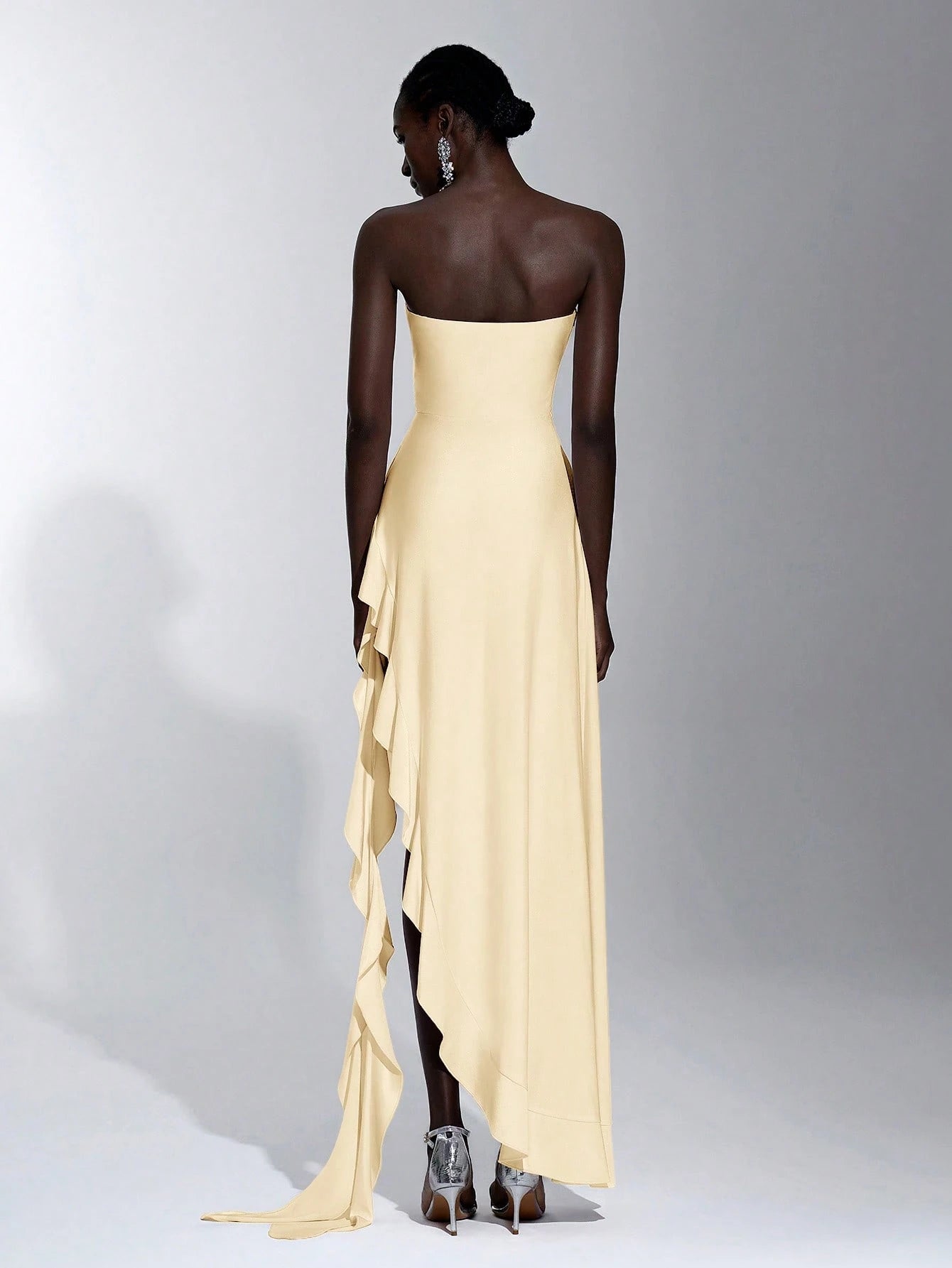 Elitara Elegant, Romantic, Sexy Knit Satin Strapless Ruched Bodycon Dress With Ruffle Trim And High Slit, - image 2