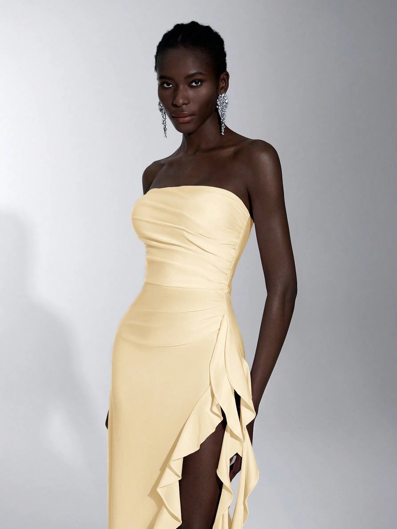 Elitara Elegant, Romantic, Sexy Knit Satin Strapless Ruched Bodycon Dress With Ruffle Trim And High Slit, - image 3