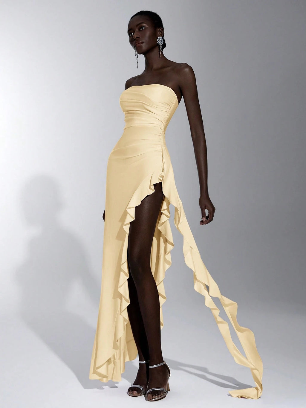 Elitara Elegant, Romantic, Sexy Knit Satin Strapless Ruched Bodycon Dress With Ruffle Trim And High Slit, - image 5