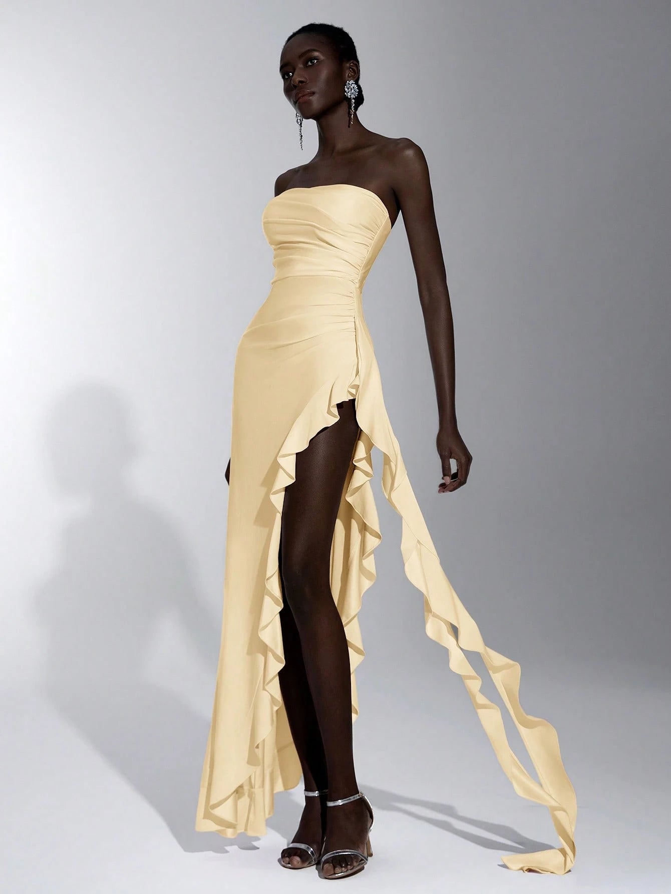 Elitara Elegant, Romantic, Sexy Knit Satin Strapless Ruched Bodycon Dress With Ruffle Trim And High Slit, - image 5