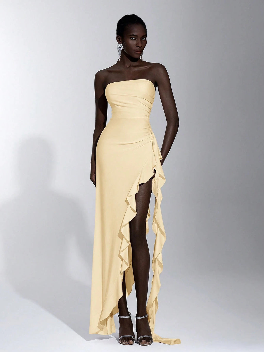 Elitara Elegant, Romantic, Sexy Knit Satin Strapless Ruched Bodycon Dress With Ruffle Trim And High Slit, - image 6