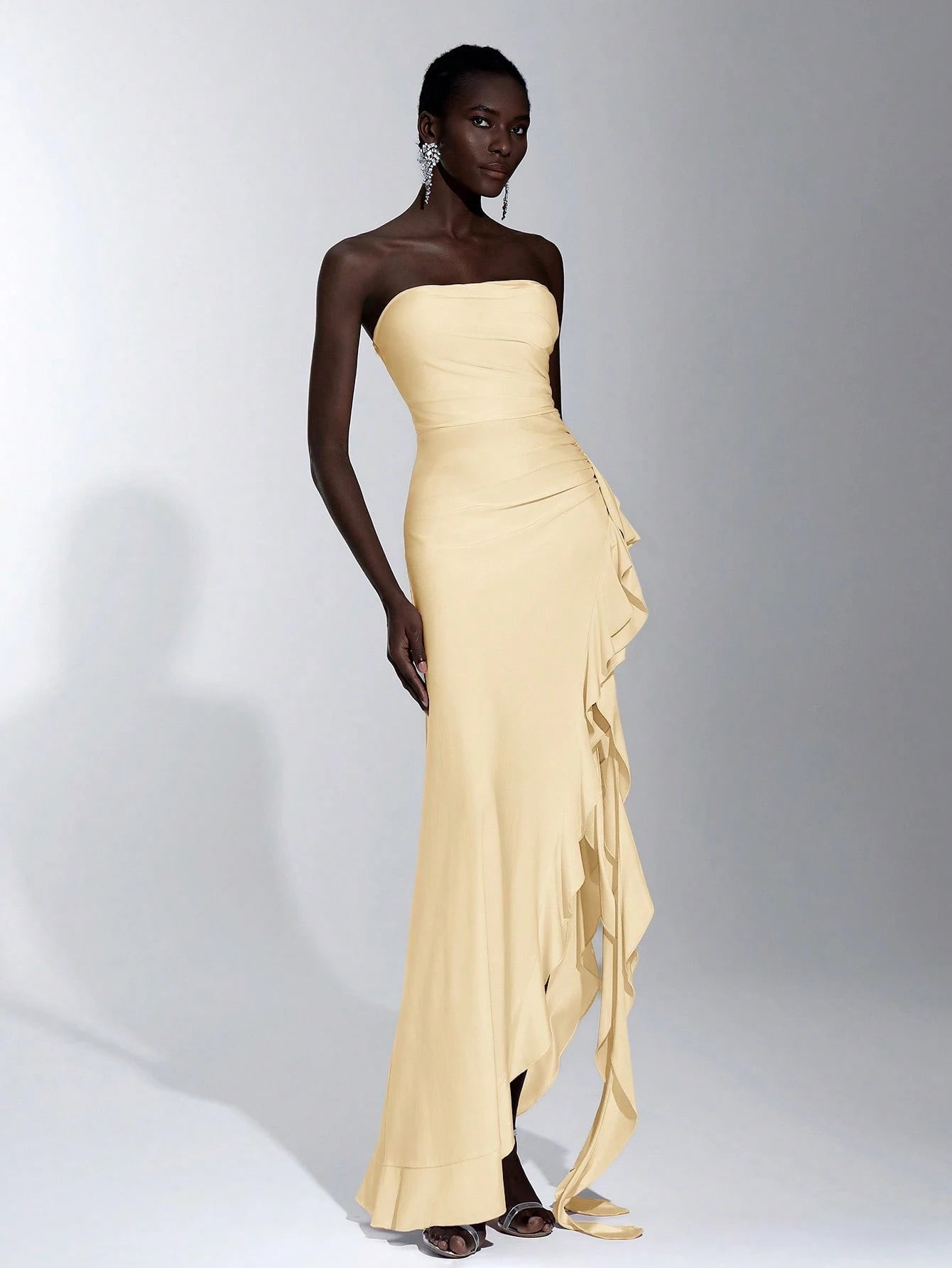 Elitara Elegant, Romantic, Sexy Knit Satin Strapless Ruched Bodycon Dress With Ruffle Trim And High Slit, - image 7