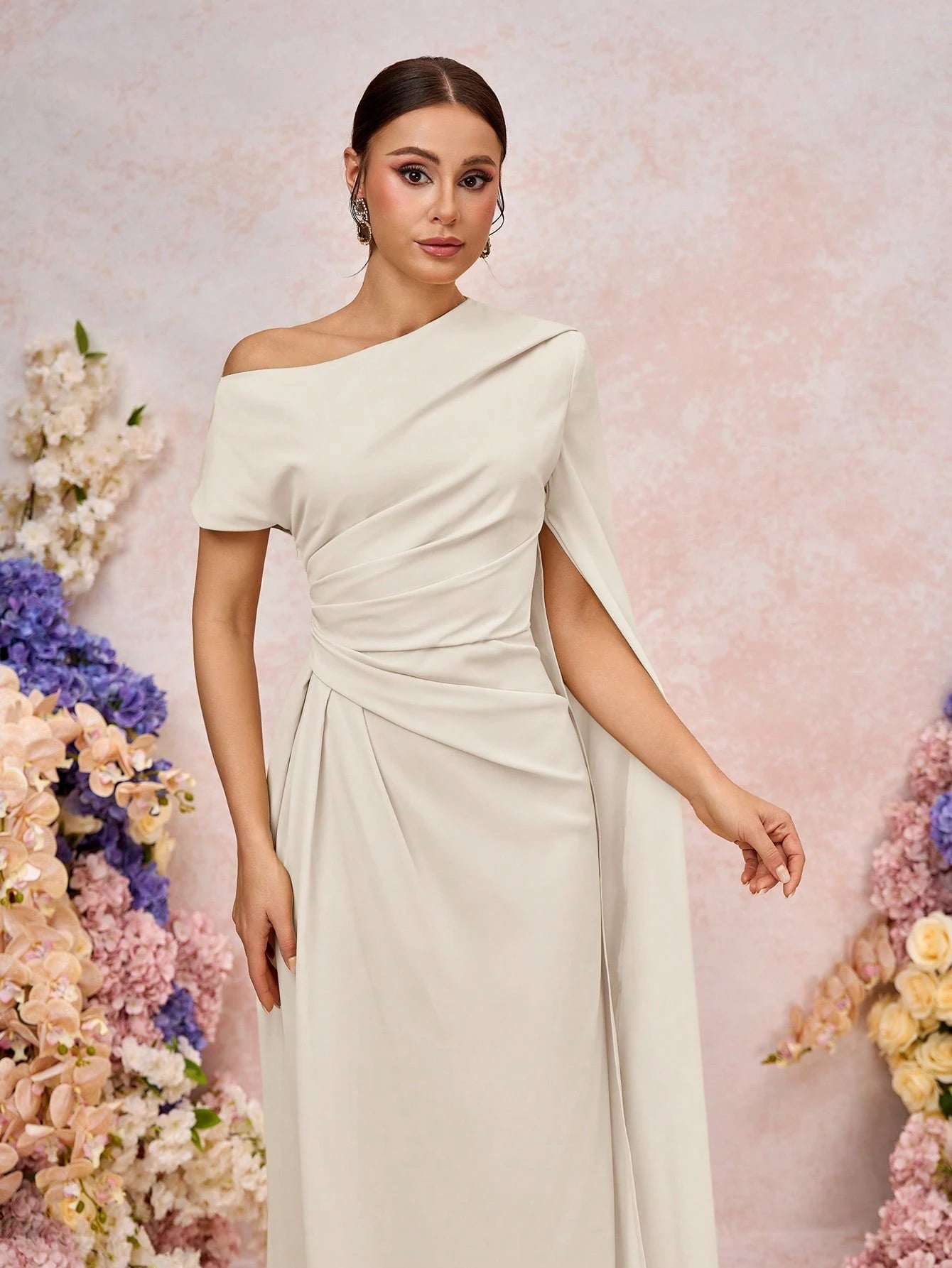 Elitara Elegant Asymmetric Sleeve Ruffle Hem Long Sleeve Dress, Suitable For Wedding, Party, Date, Formal