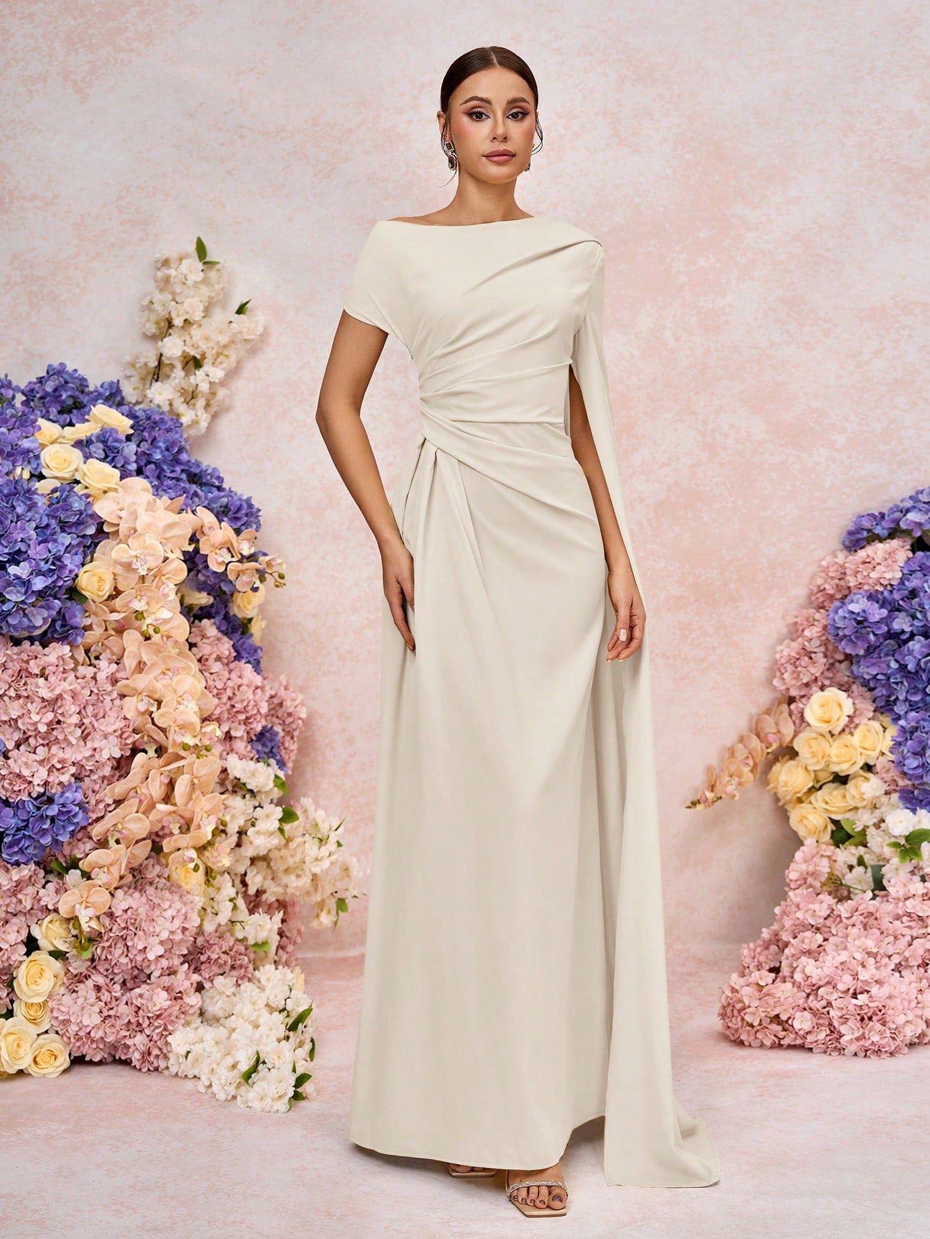 Elitara Elegant Asymmetric Sleeve Ruffle Hem Long Sleeve Dress, Suitable For Wedding, Party, Date, Formal - image 2