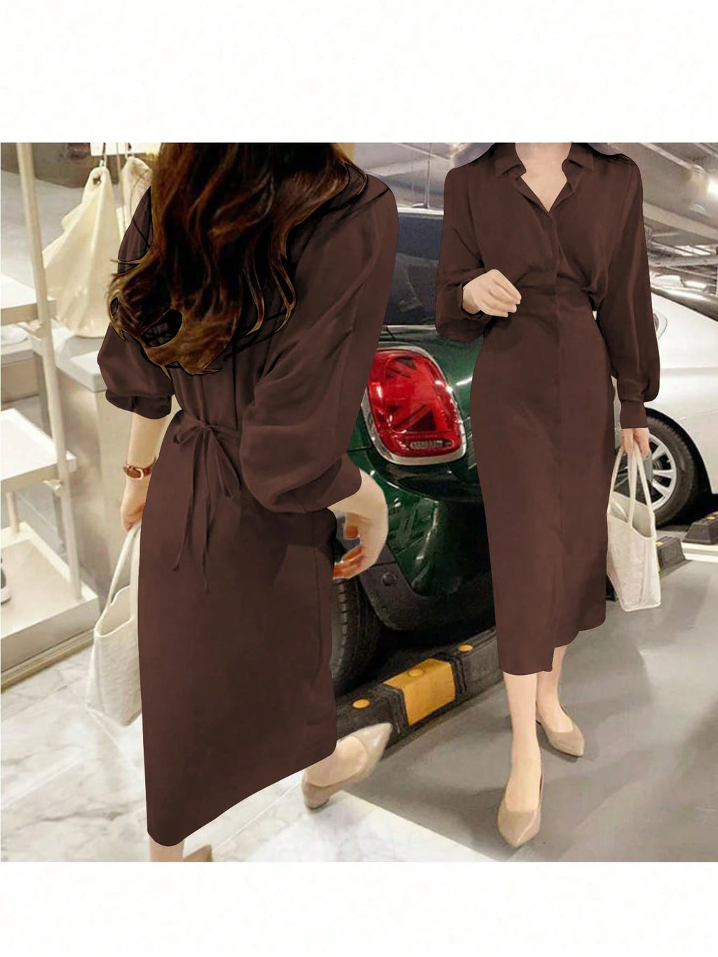 Women's Elegant Solid Color Shirt Dress, Long Sleeve Button Front