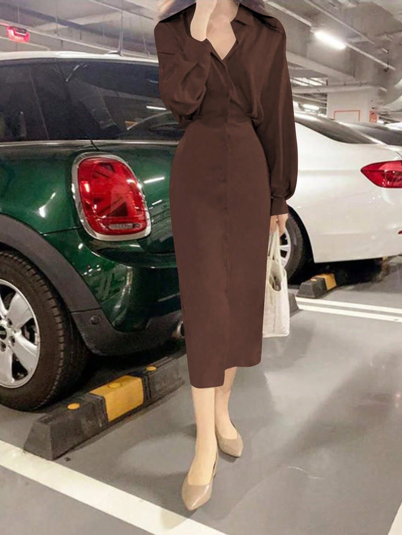 Women's Elegant Solid Color Shirt Dress, Long Sleeve Button Front