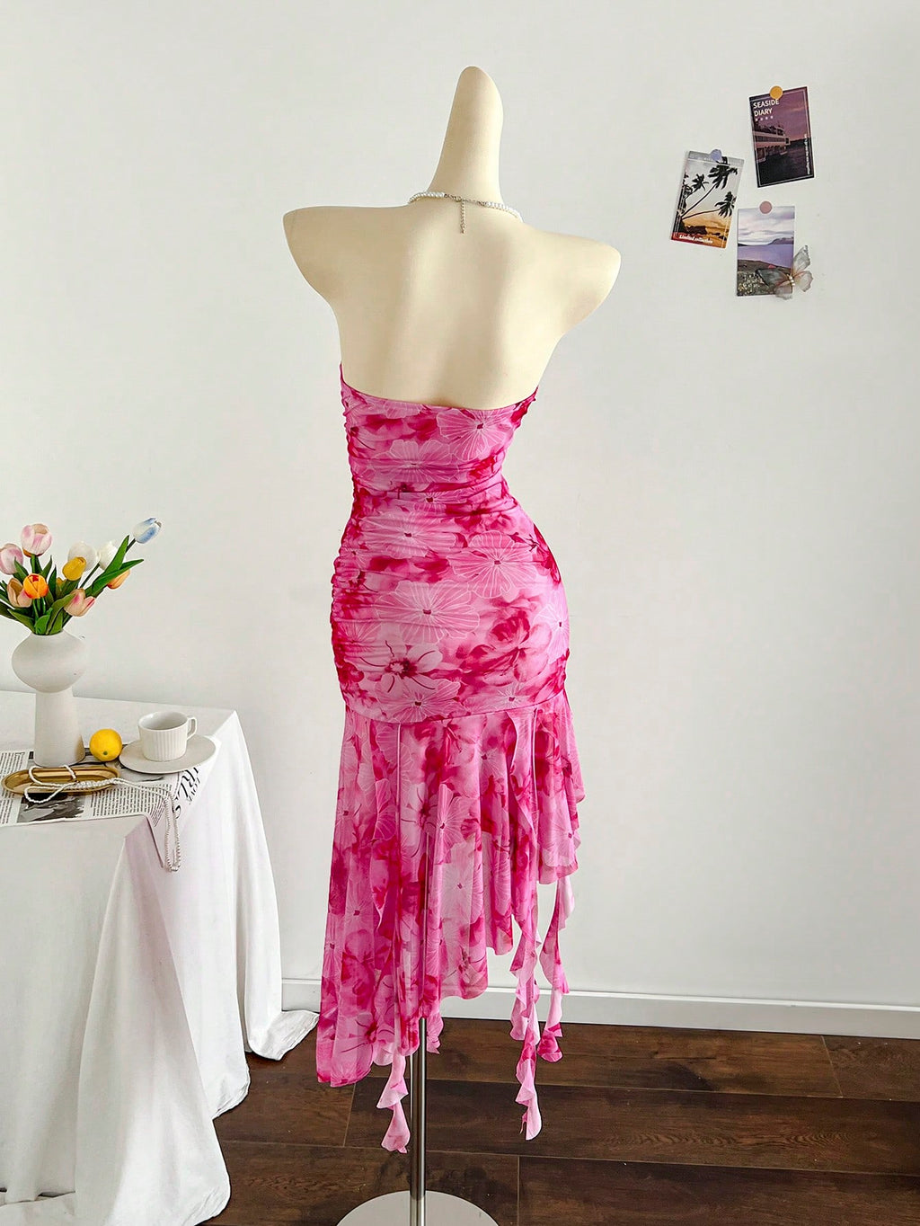 Soleia Pink Floral Mesh Ruffled Tie Strap Dress For Women,Summer Tropical Holiday Vacation, Boho Club - image 20