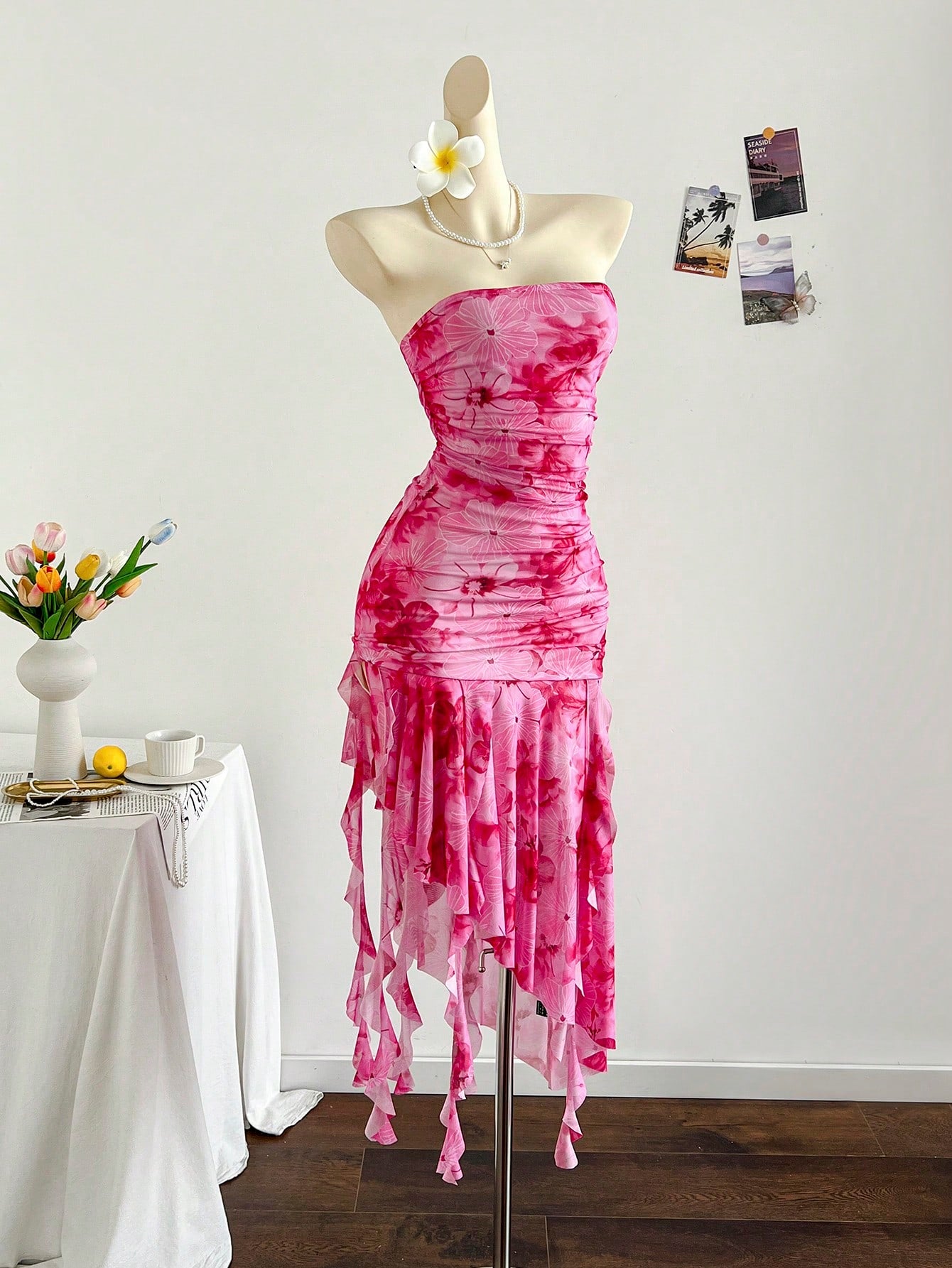 Soleia Pink Floral Mesh Ruffled Tie Strap Dress For Women,Summer Tropical Holiday Vacation, Boho Club - image 19