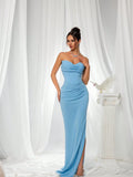 VIPSIRL Blue Strapless Slit Elegant Women's Evening Gown Dress