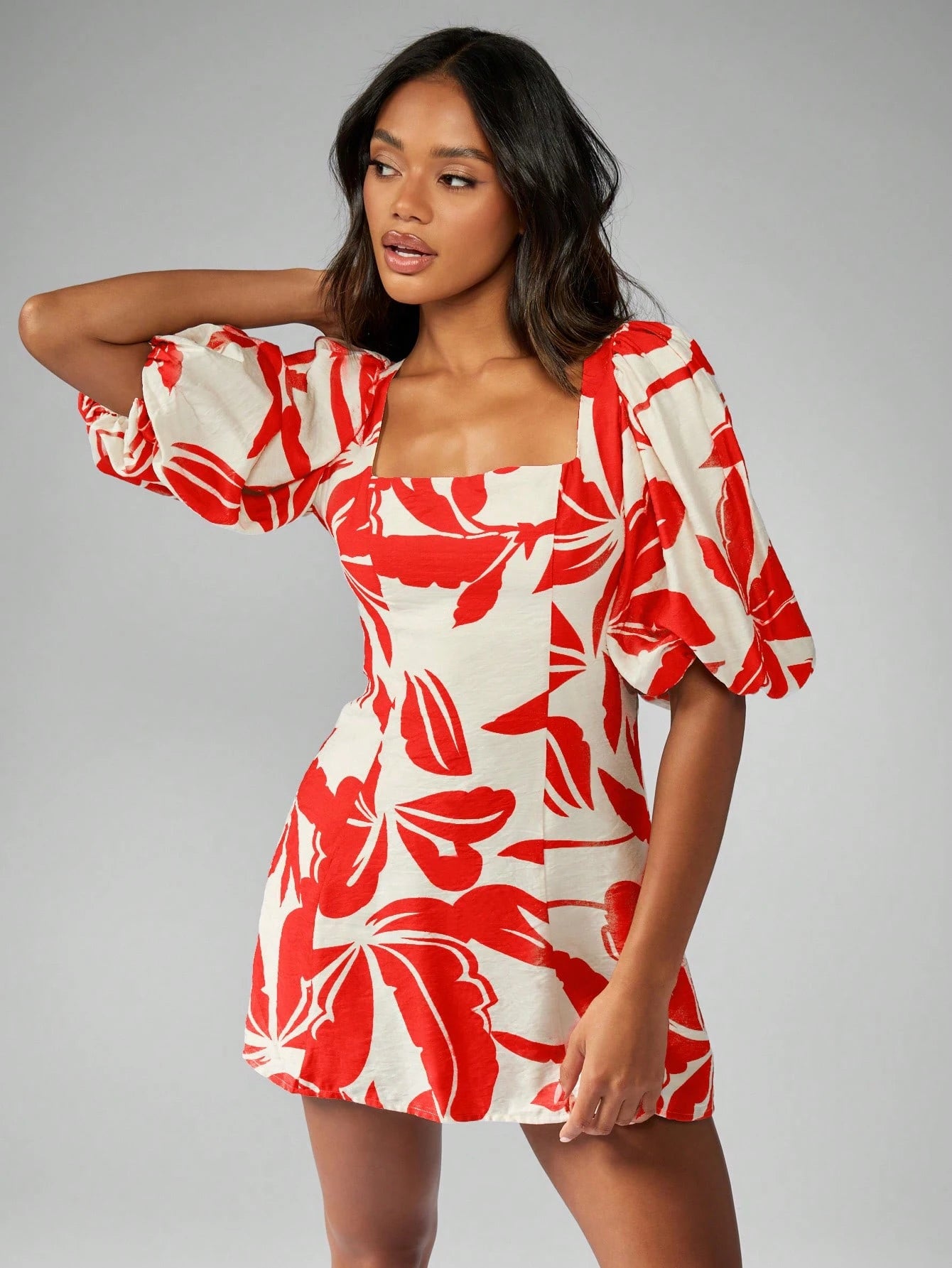 MISSGUIDED Floral Linen Feel Mini Dress Square Neck Puff Sleeve Aline