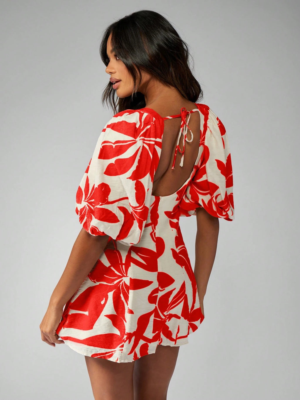 MISSGUIDED Floral Linen Feel Mini Dress Square Neck Puff Sleeve Aline