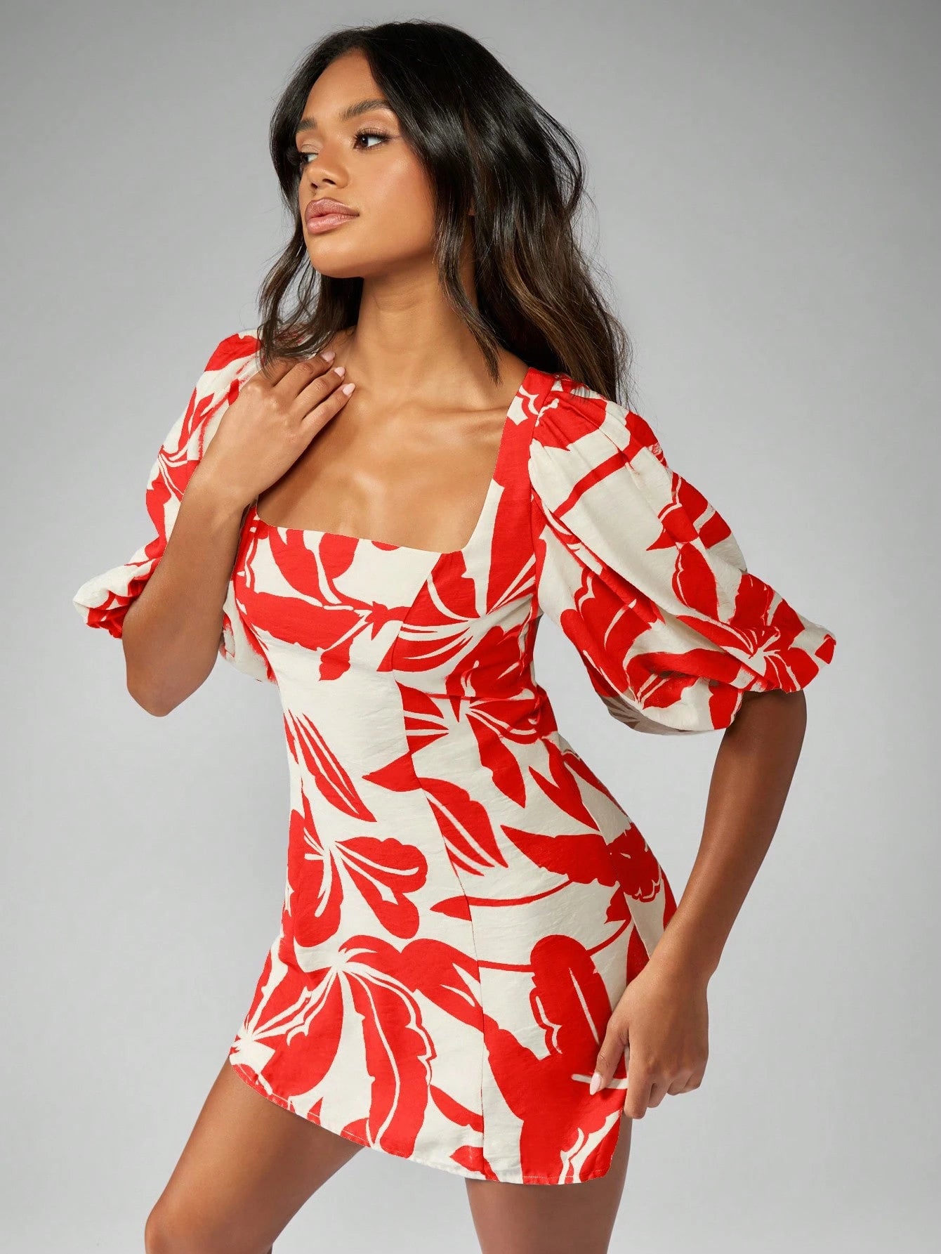 MISSGUIDED Floral Linen Feel Mini Dress Square Neck Puff Sleeve Aline