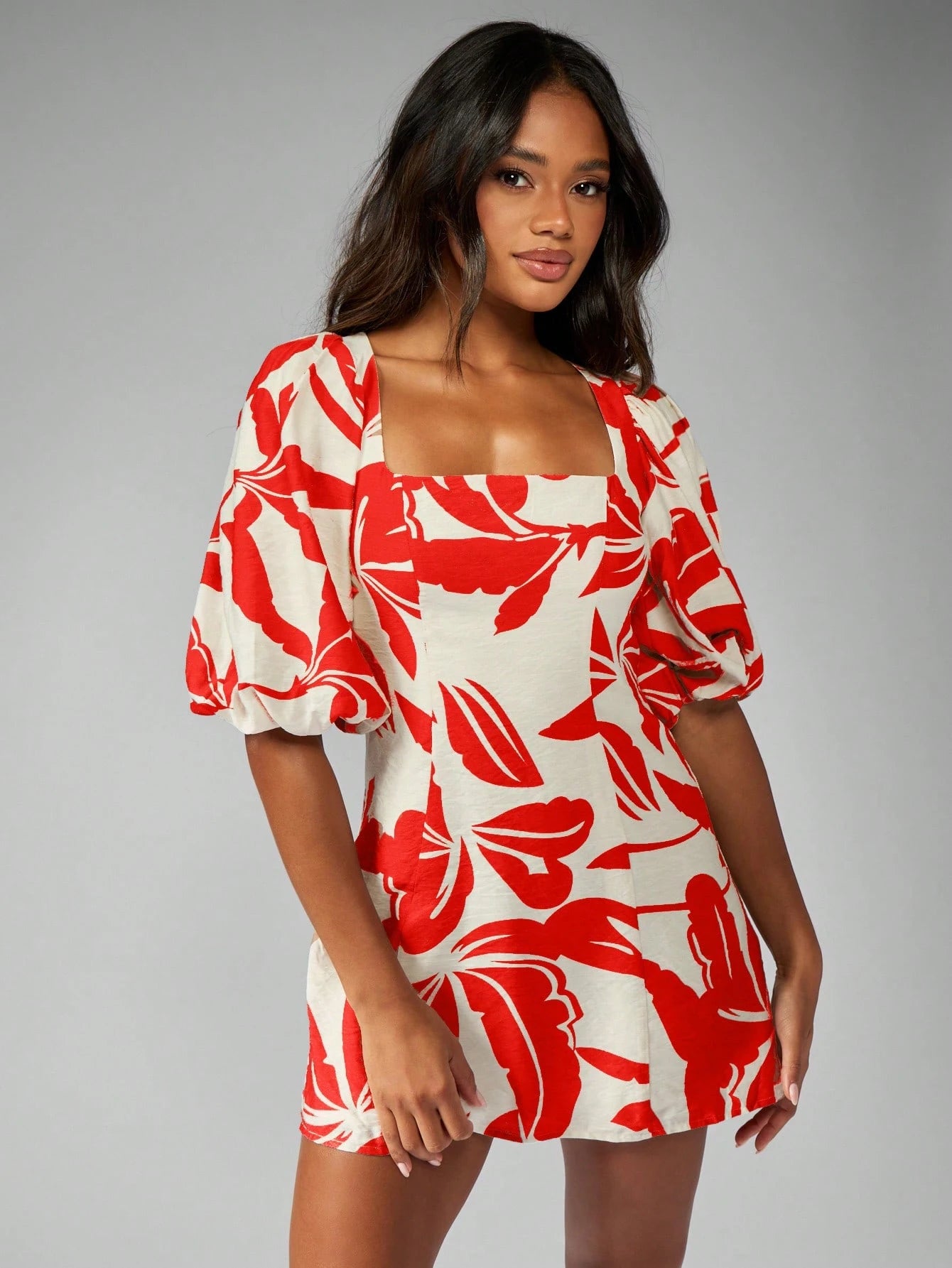 MISSGUIDED Floral Linen Feel Mini Dress Square Neck Puff Sleeve Aline