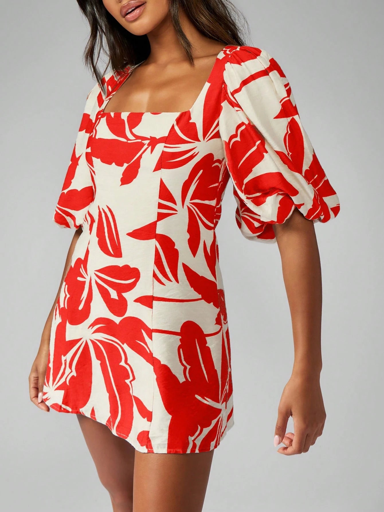 MISSGUIDED Floral Linen Feel Mini Dress Square Neck Puff Sleeve Aline