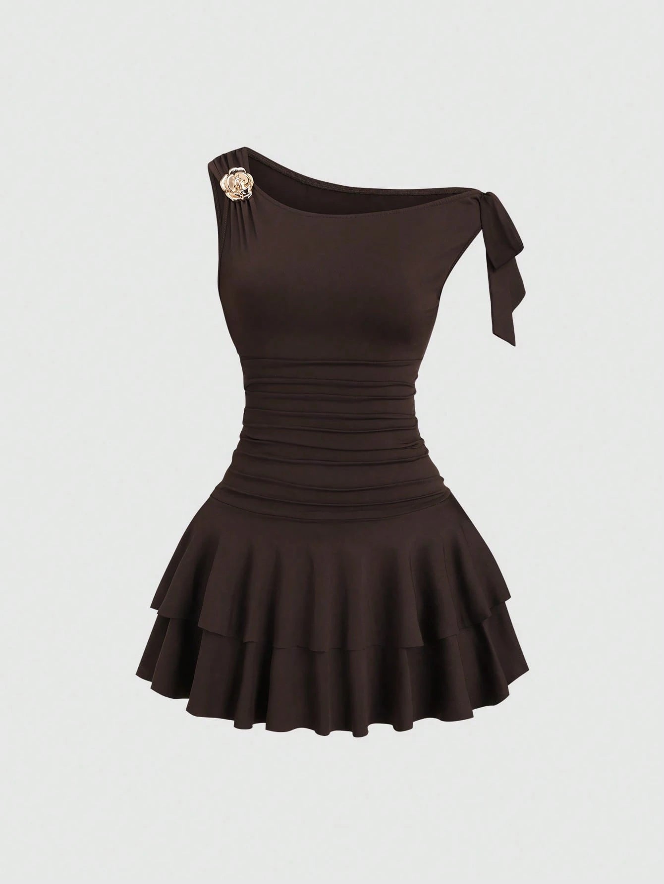 Sweetra Women's Metal Flower Decor Ruched Shoulder Ruched Hem Fashionable Dress - image 7