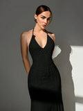Aloruh Handmade 3D Floral Halter Neck Tie Fitted Formal Black Mesh