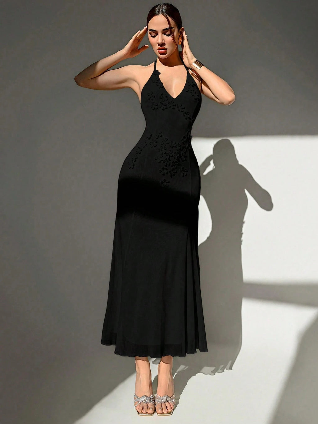 Aloruh Handmade 3D Floral Halter Neck Tie Fitted Formal Black Mesh