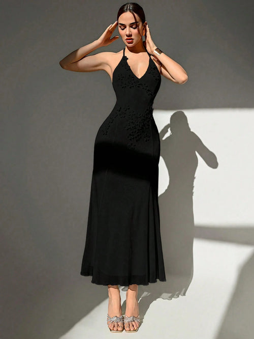 Aloruh Handmade 3D Floral Halter Neck Tie Fitted Formal Black Mesh