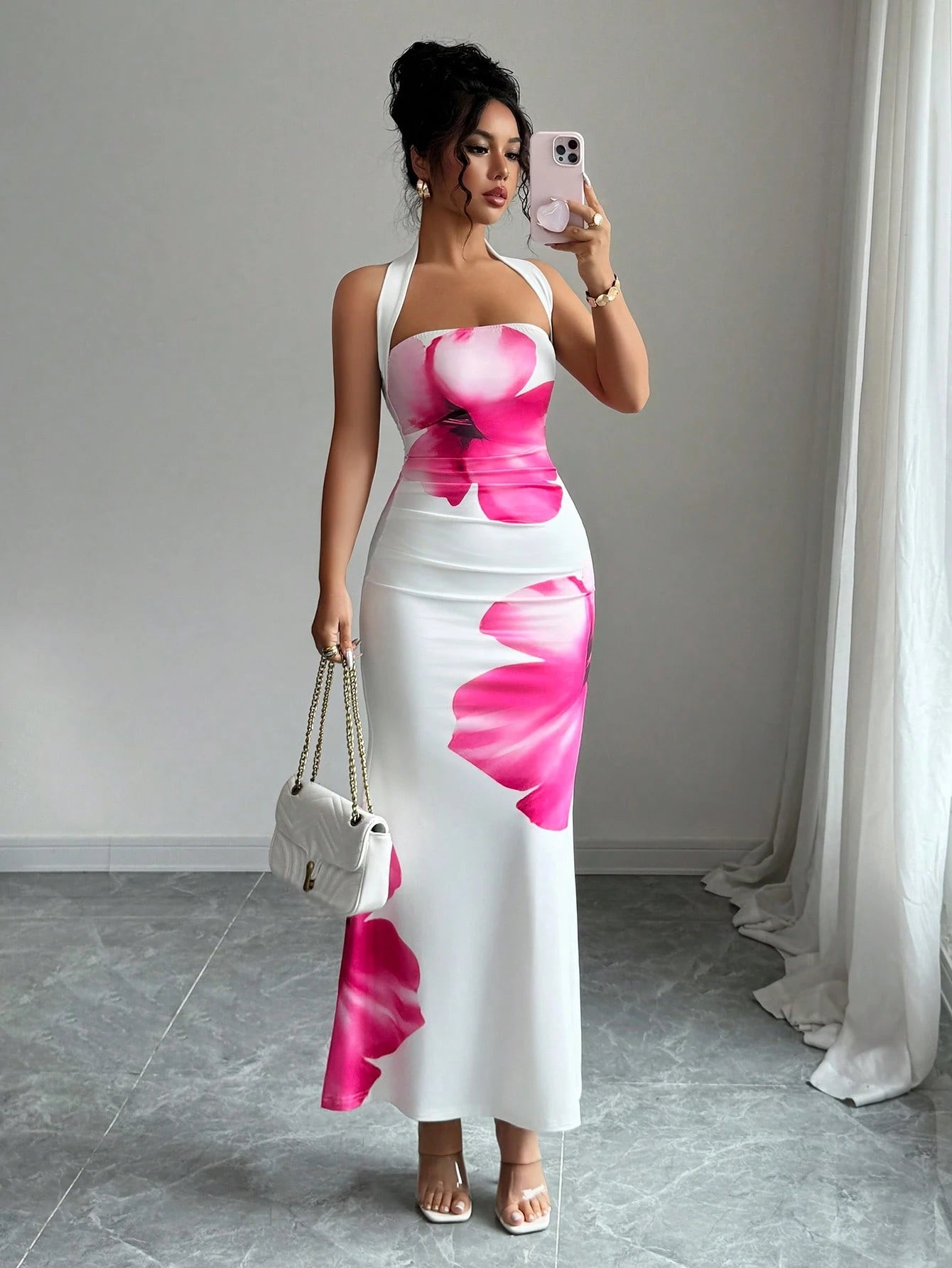 Elenzga Women's 2025 Summer Halter Tie Waist Slim Fit Printed Mid-Length Dress - image 7