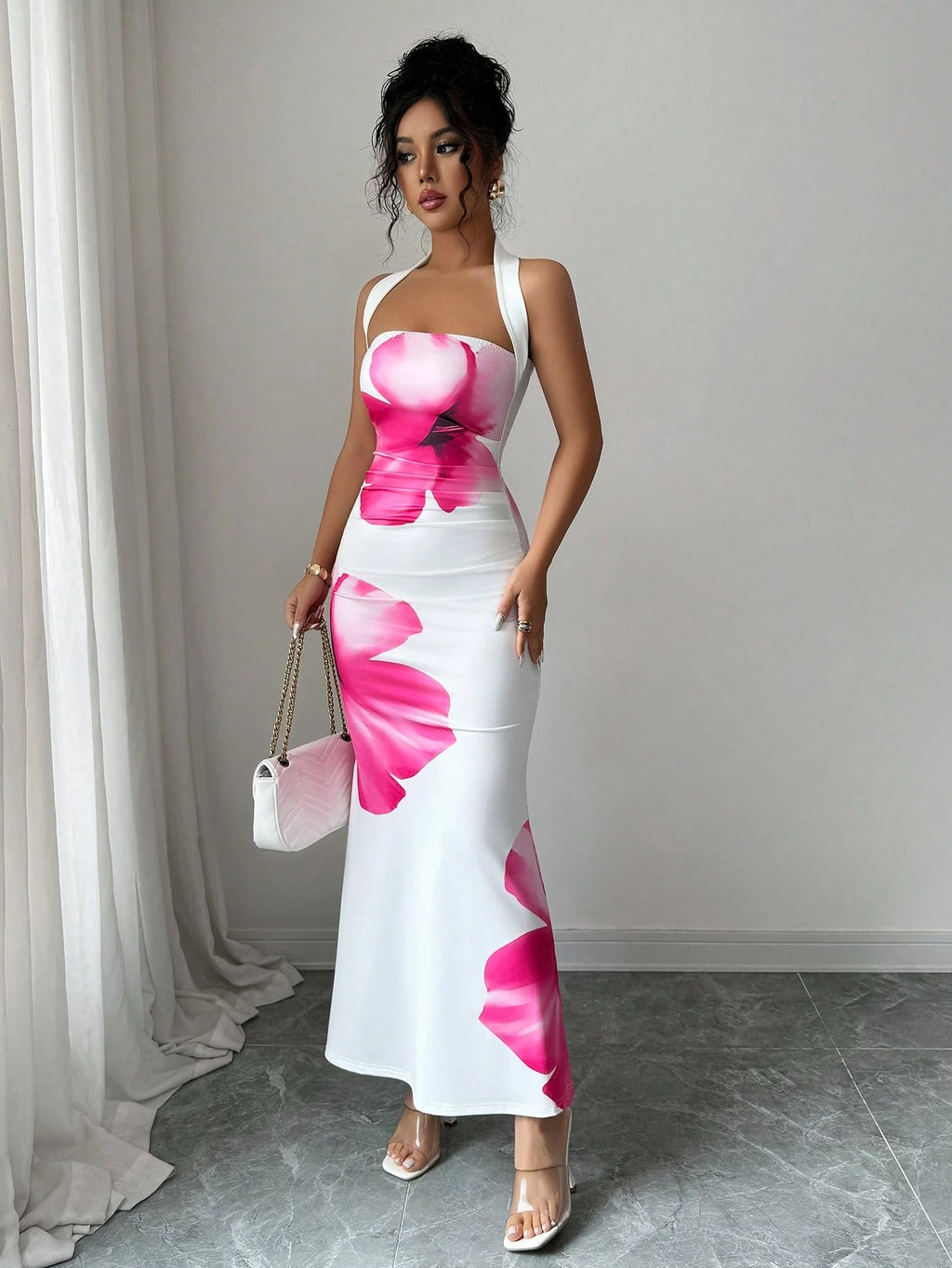 Elenzga Women's 2025 Summer Halter Tie Waist Slim Fit Printed Mid-Length Dress - image 9