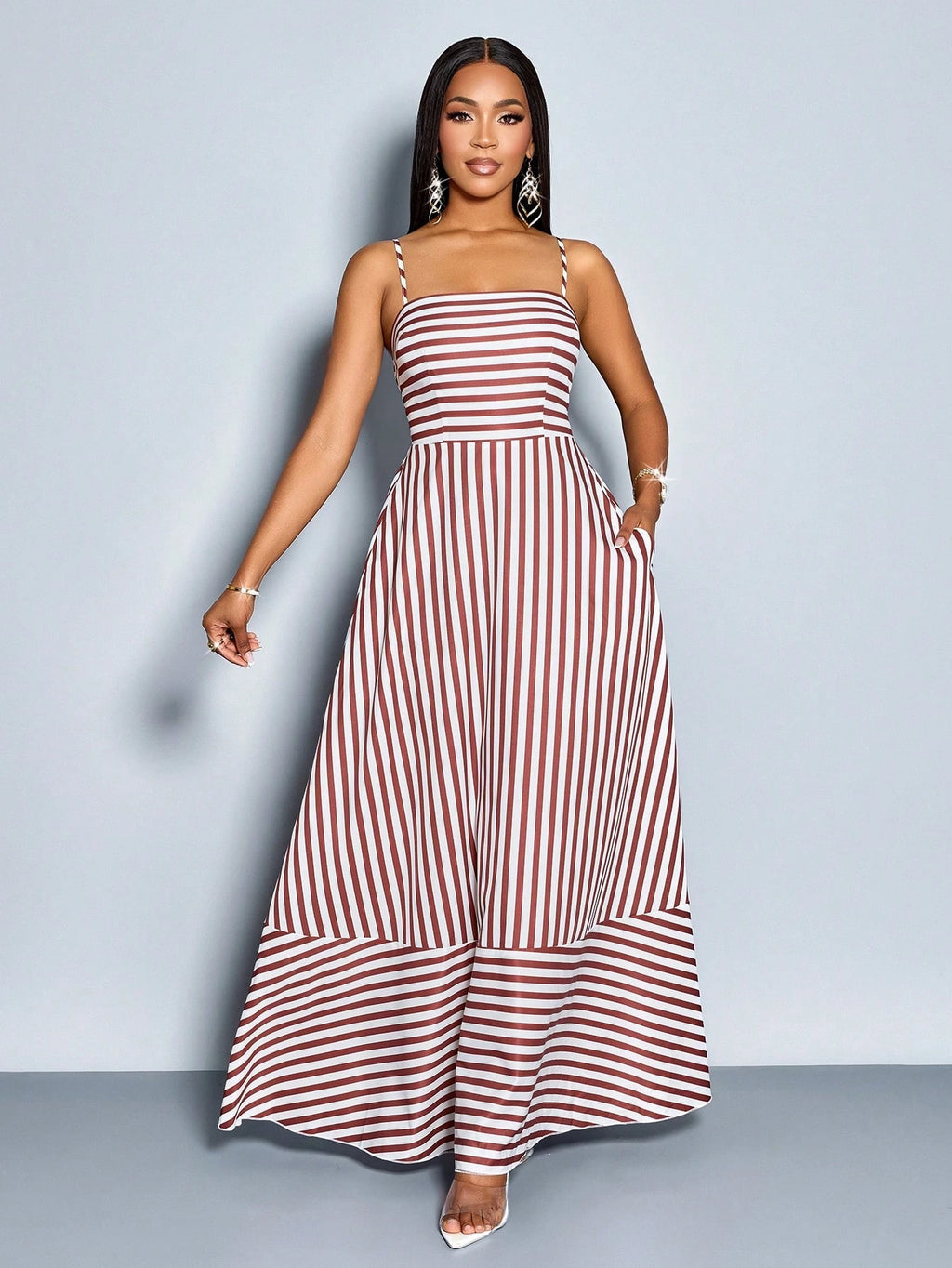 SOLERSUN Women's Flowing Striped Maxi Dress With Shoulder